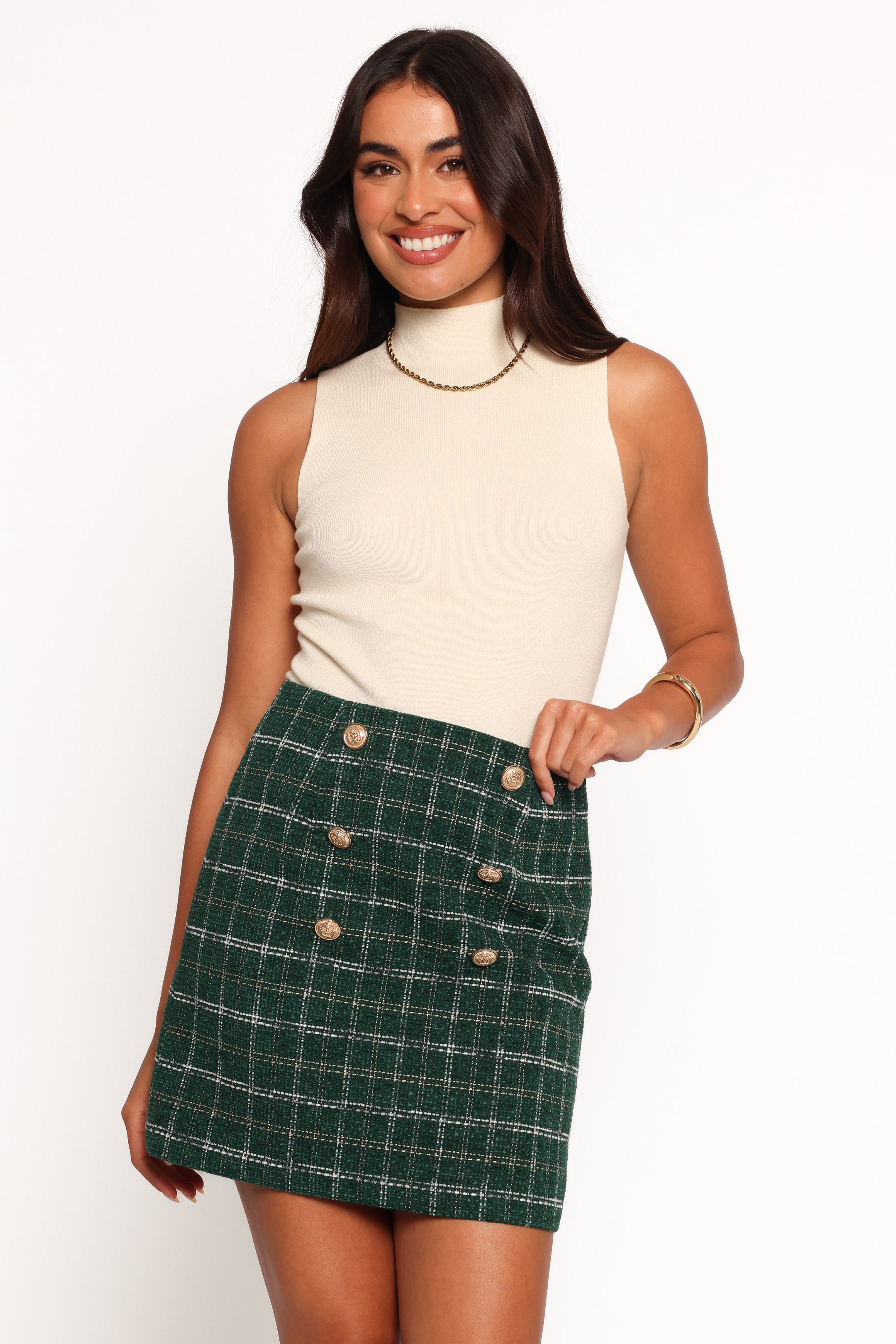 Zadia Green Plaid Mini Skirt with Gold Buttons