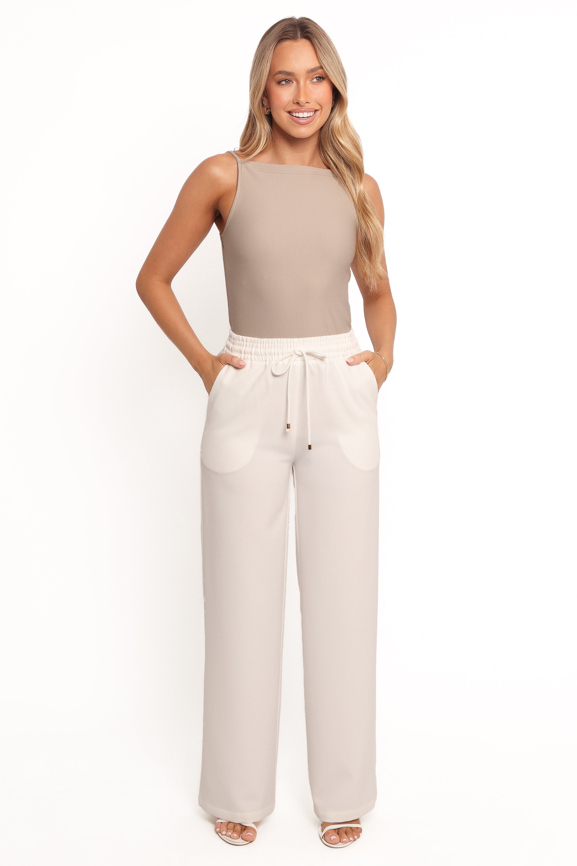 High Waisted Wide Leg Crepe Pants - White with Gold Tie Detail