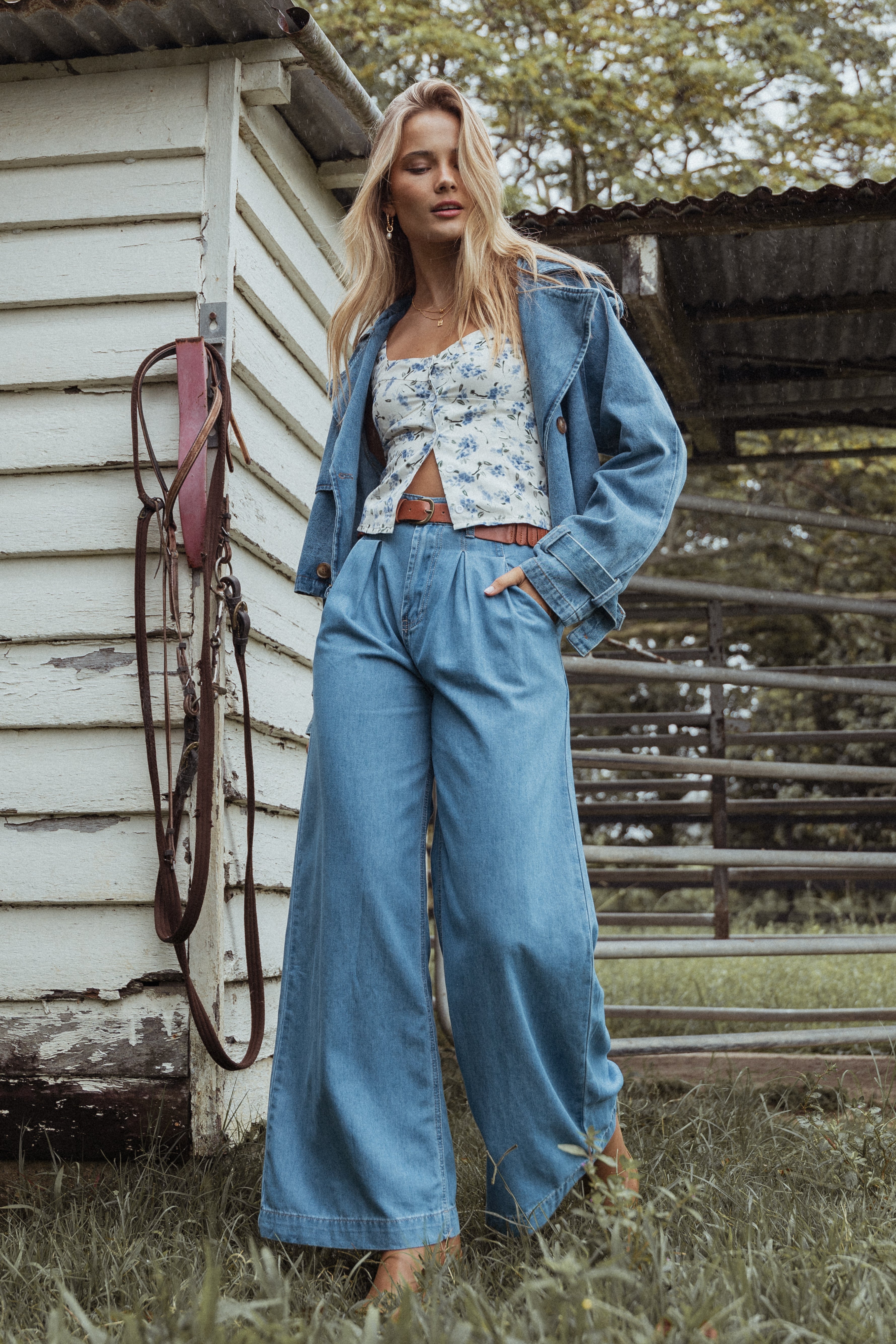 Rosalee Chambray Wide Leg Denim Pants - Relaxed Fit Women's Trousers