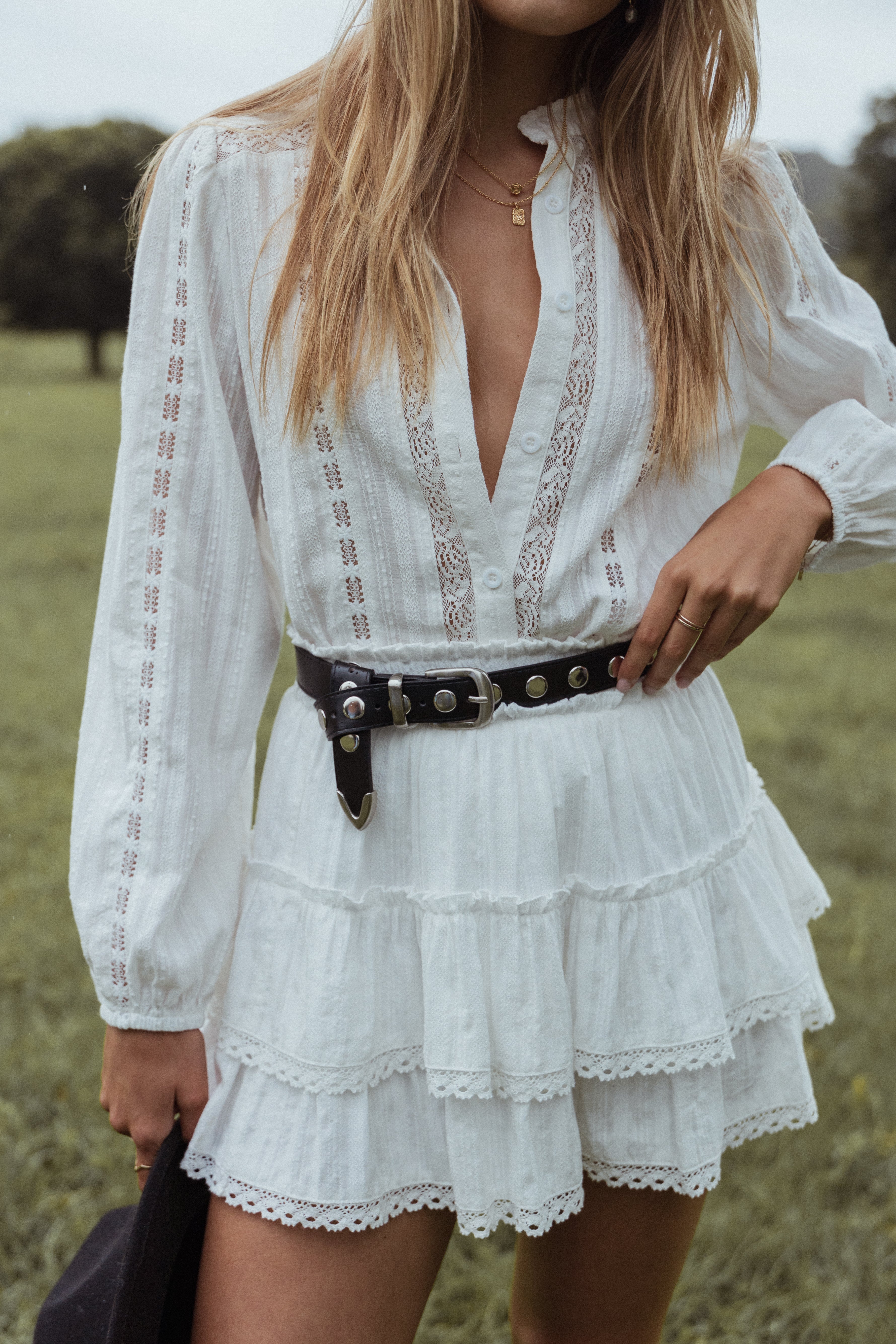 White Tiered Ruffle Mini Skirt - High Waist Cotton Lace Trim