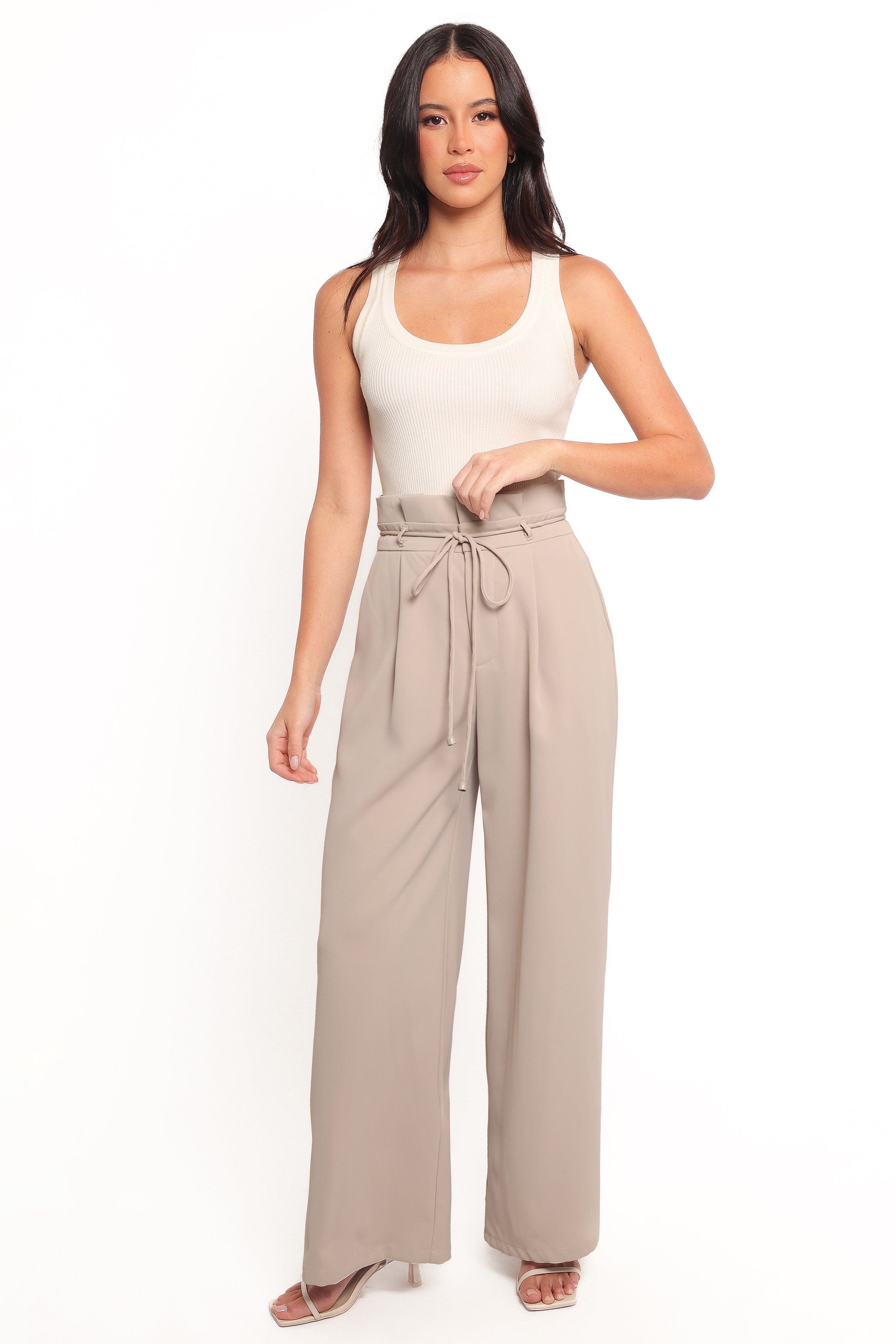 High-Waisted Beige Thesis Pants with Detachable Waist Tie