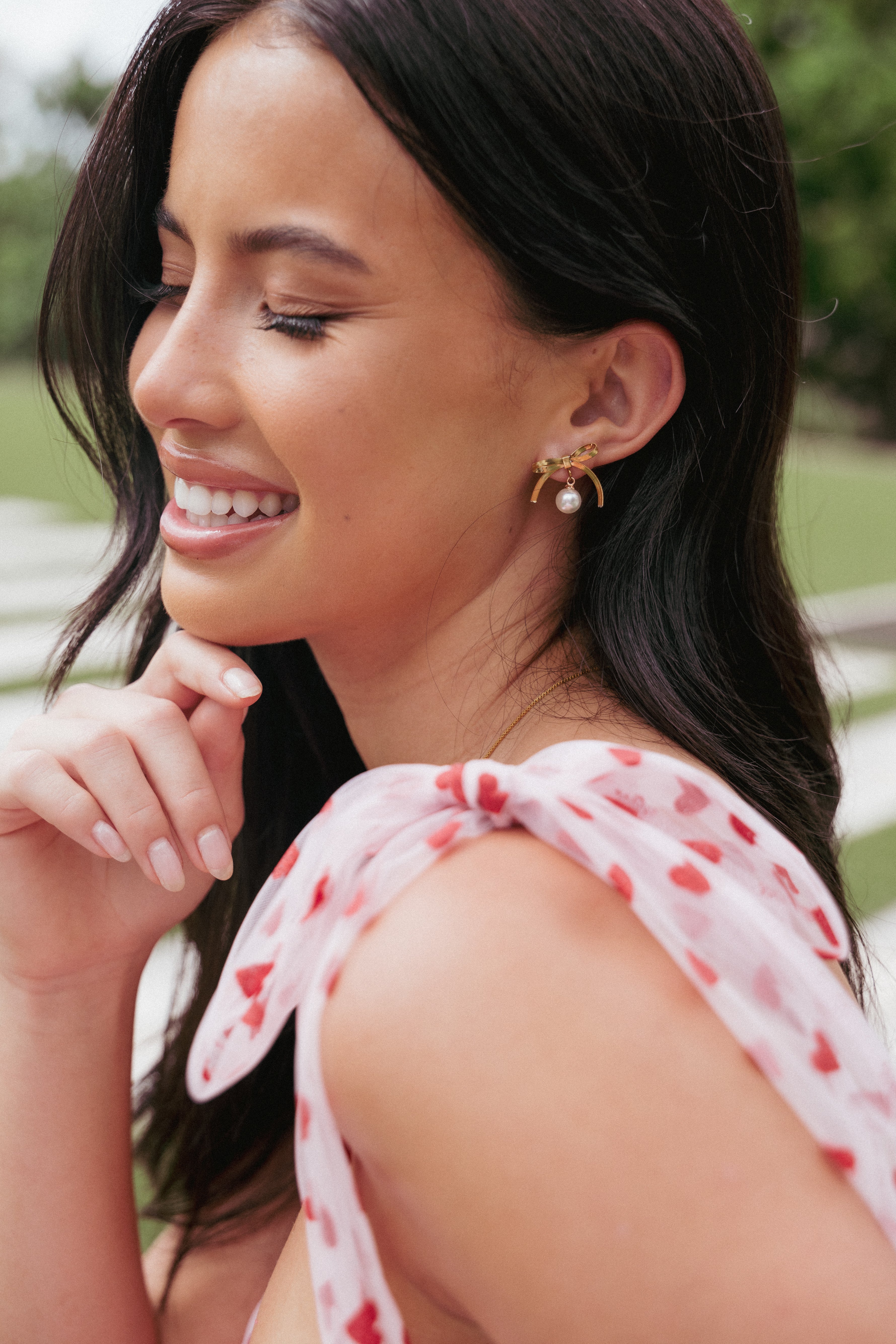 Gold Bow Drop Earrings with Pearl Detail – Aurora Elegance
