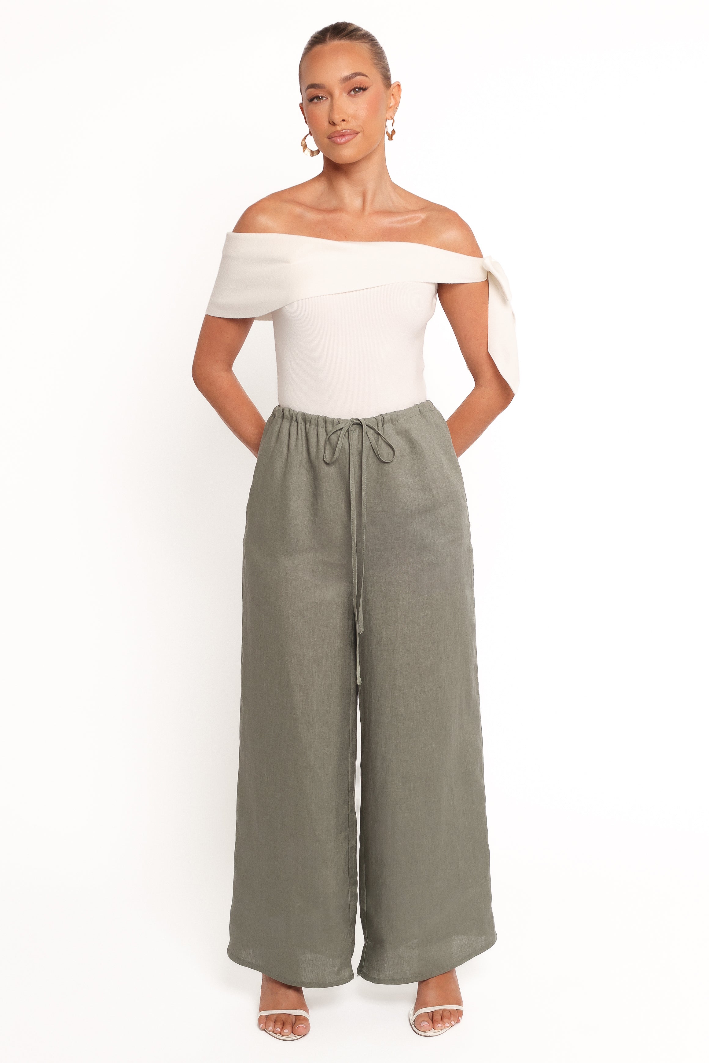 Clairo High Waisted Linen Pants - Olive Wide Leg