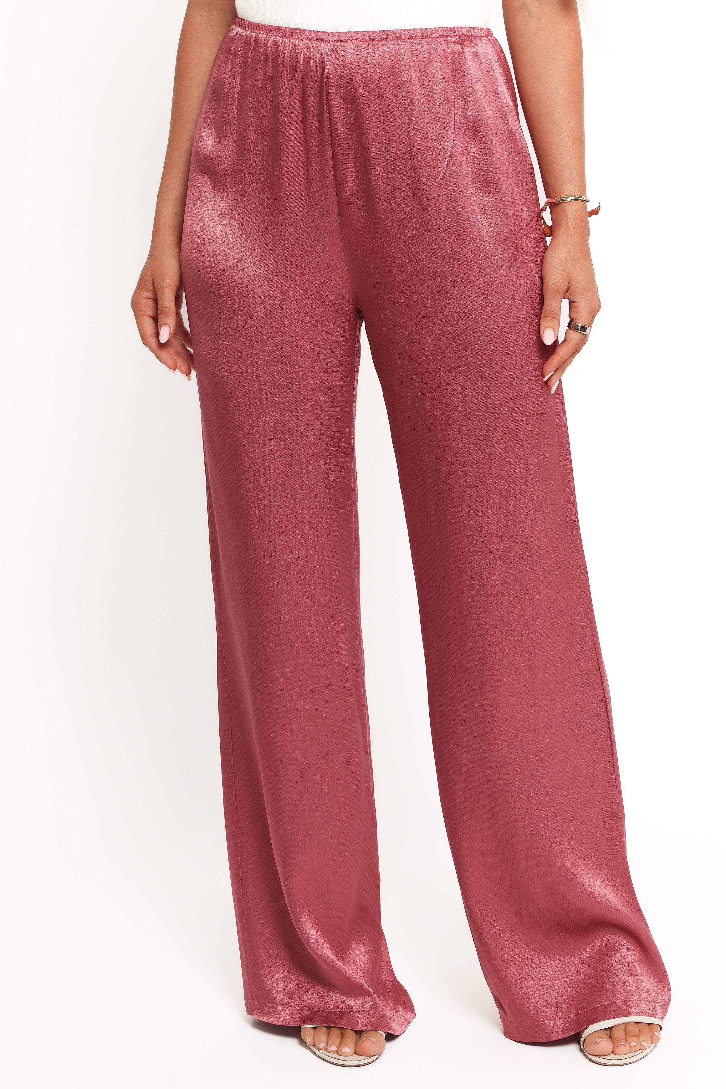 Carissa High Waisted Satin Pants - Dusty Rose Straight Leg