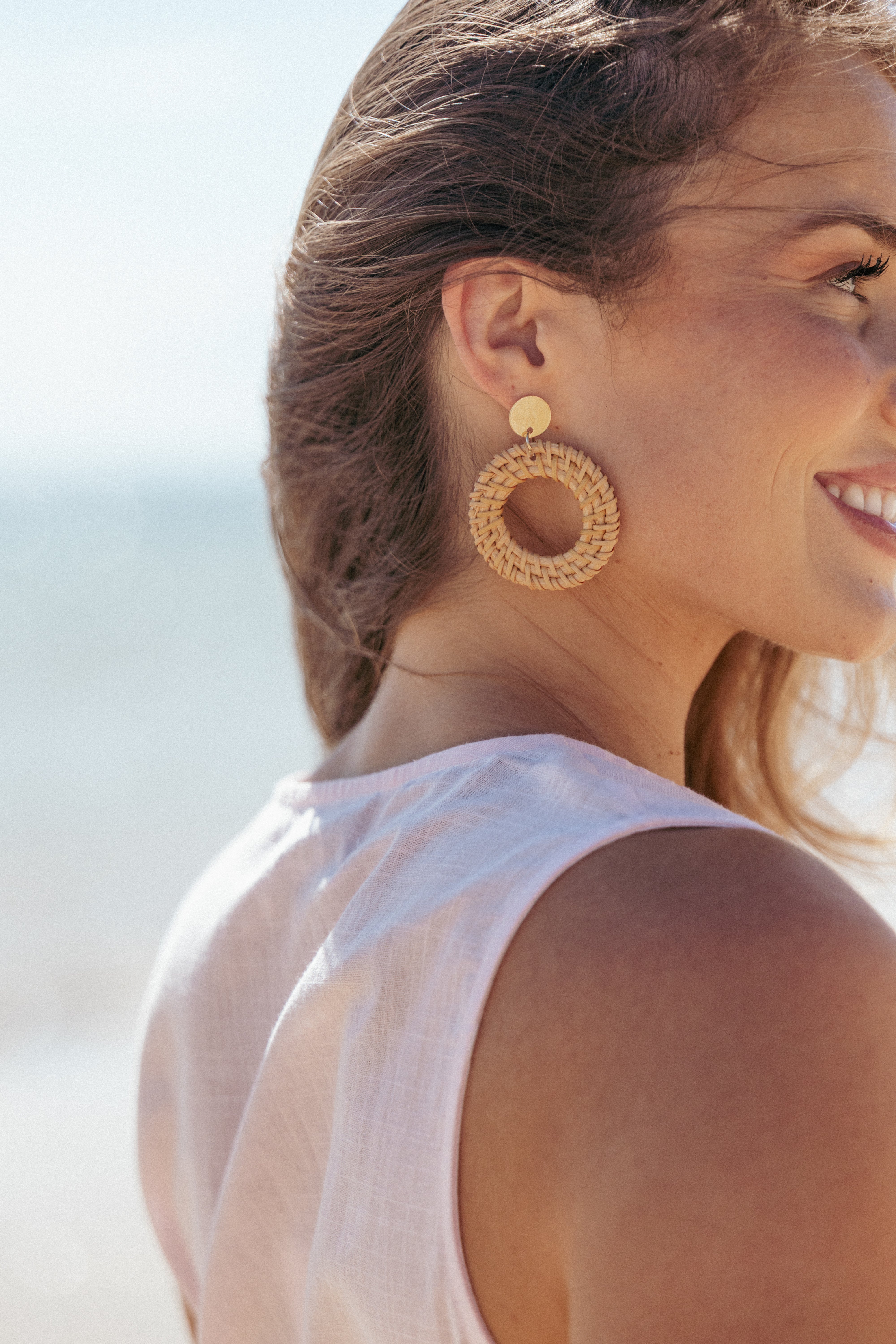 Tan Rattan Drop Earrings with Gold Hardware – Esther Earrings