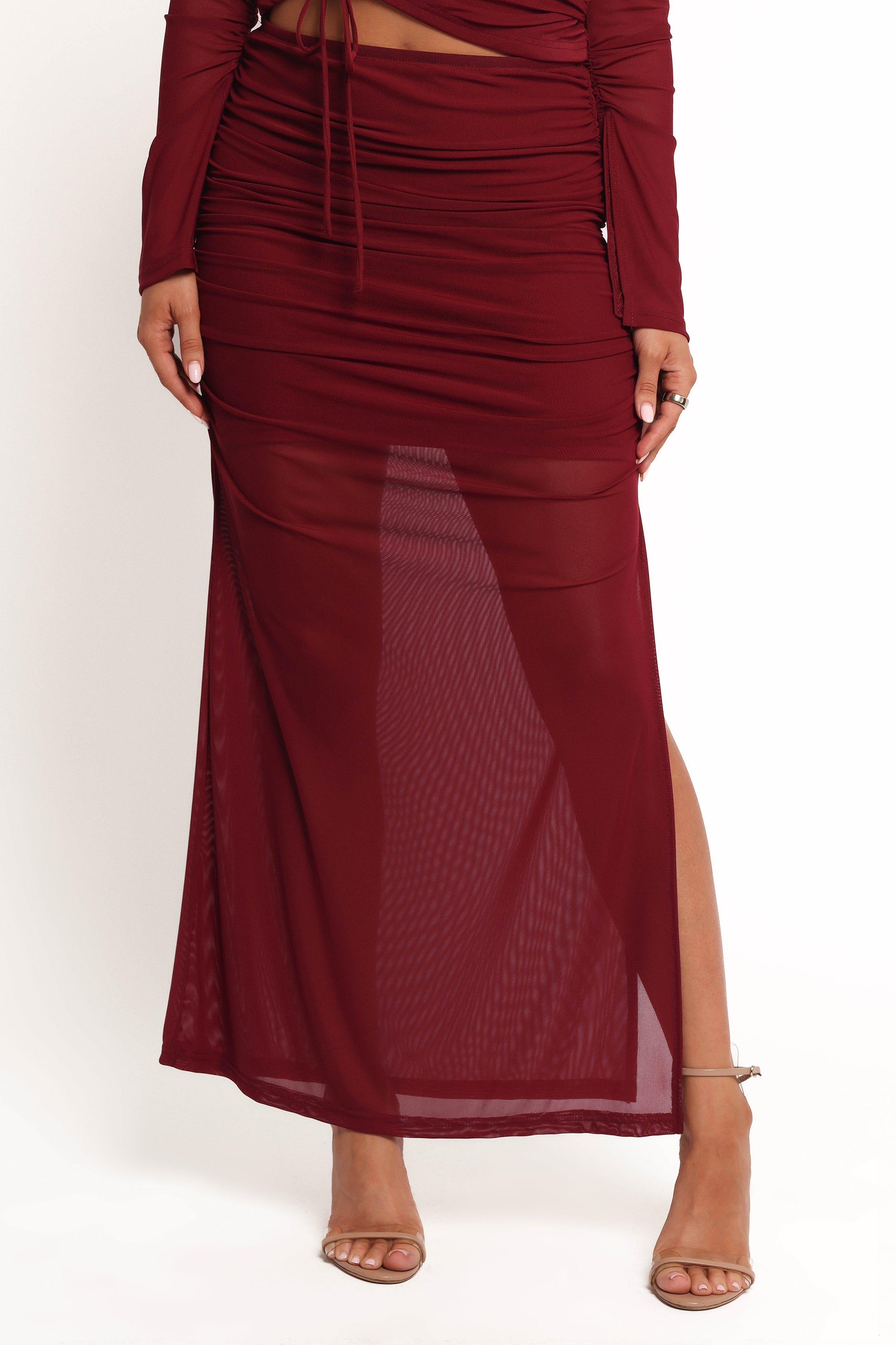 Solai Berry Midi Skirt with Ruched Detail & Side Split