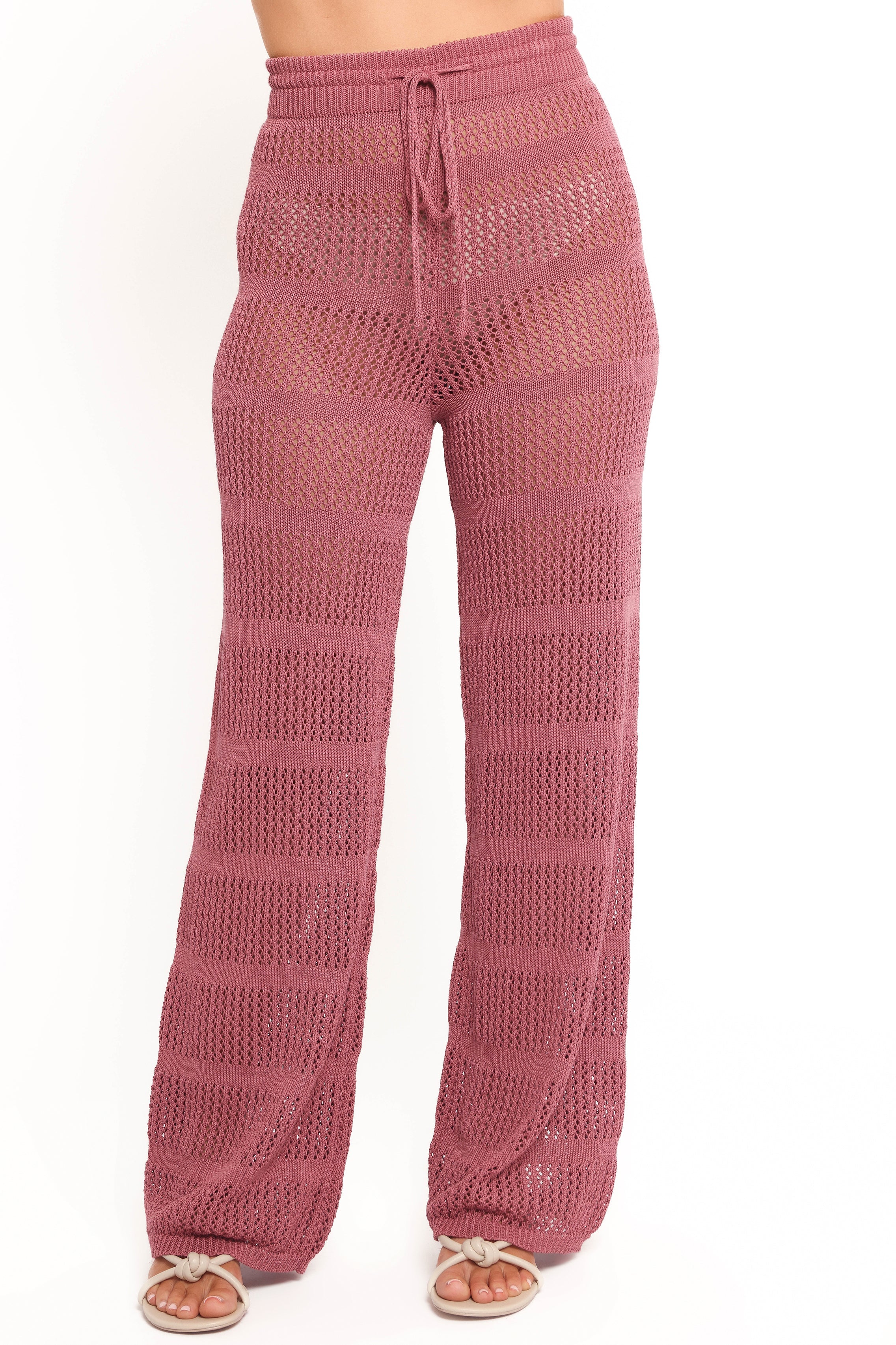 High Waisted Crawford Pant in Rose - Straight Leg Crochet Knit Design