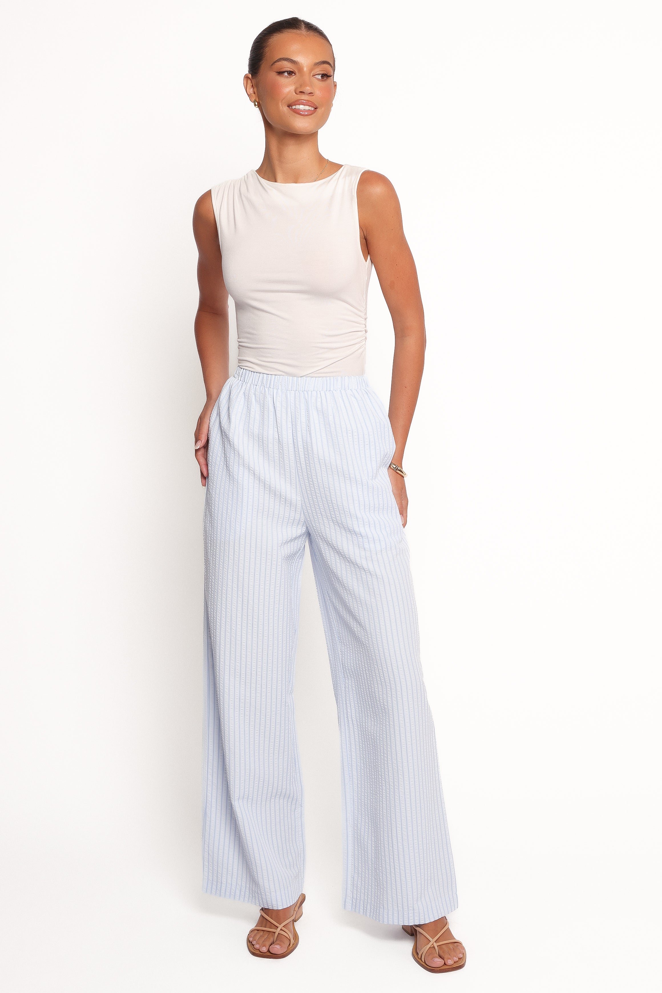 Blue Striped High-Rise Pants - Peyton Elastic Waist Straight Leg