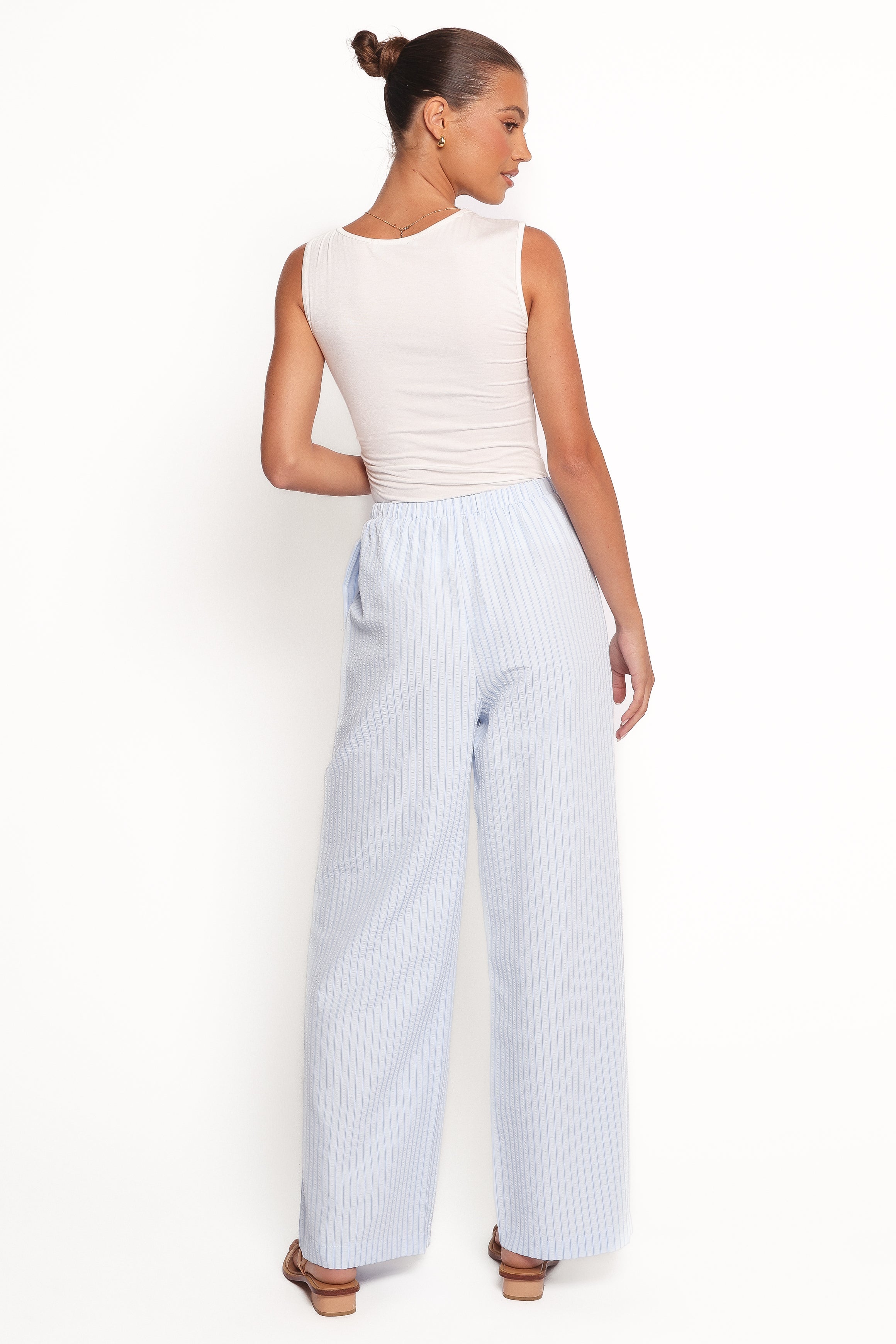 Blue Striped High-Rise Pants - Peyton Elastic Waist Straight Leg