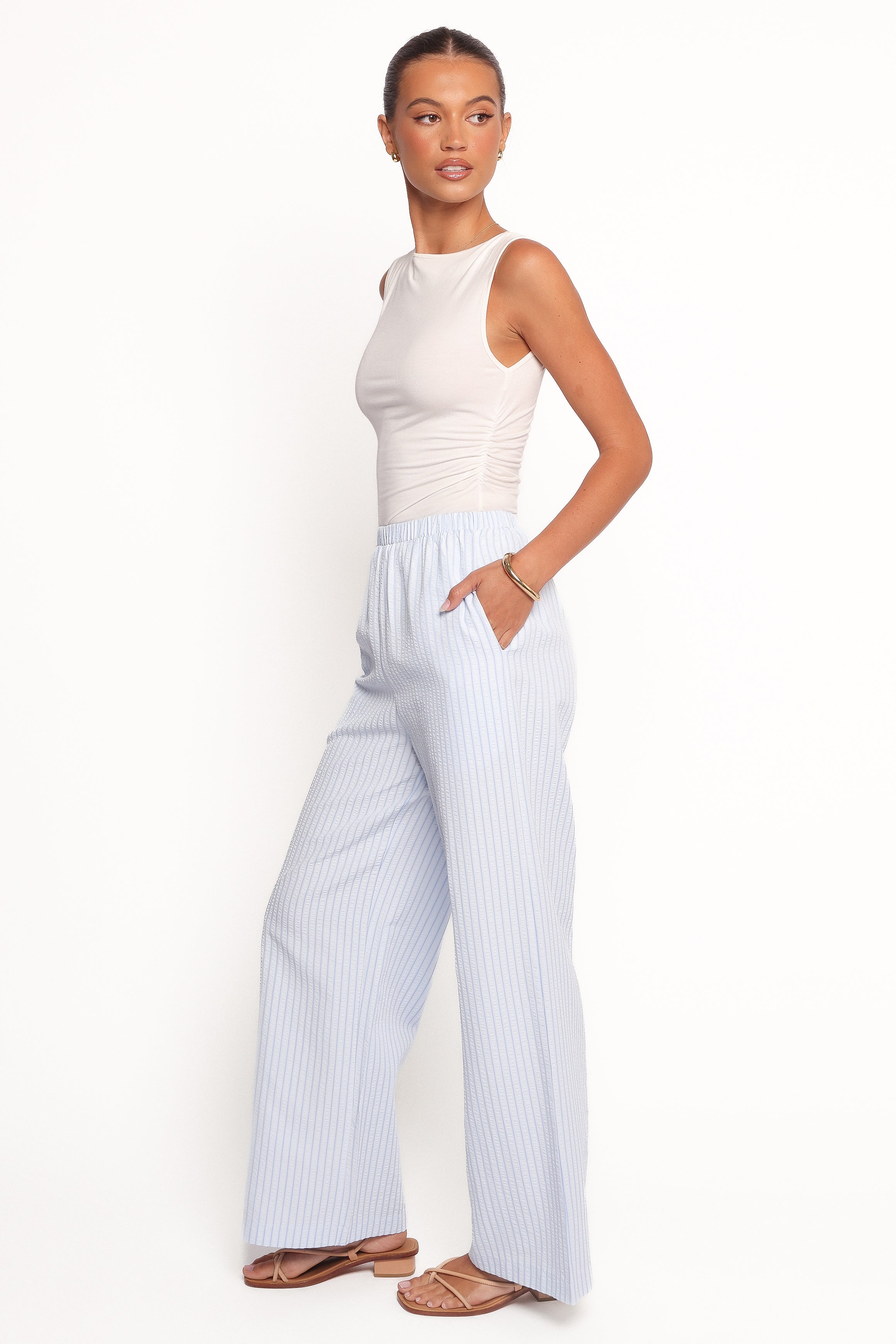 Blue Striped High-Rise Pants - Peyton Elastic Waist Straight Leg
