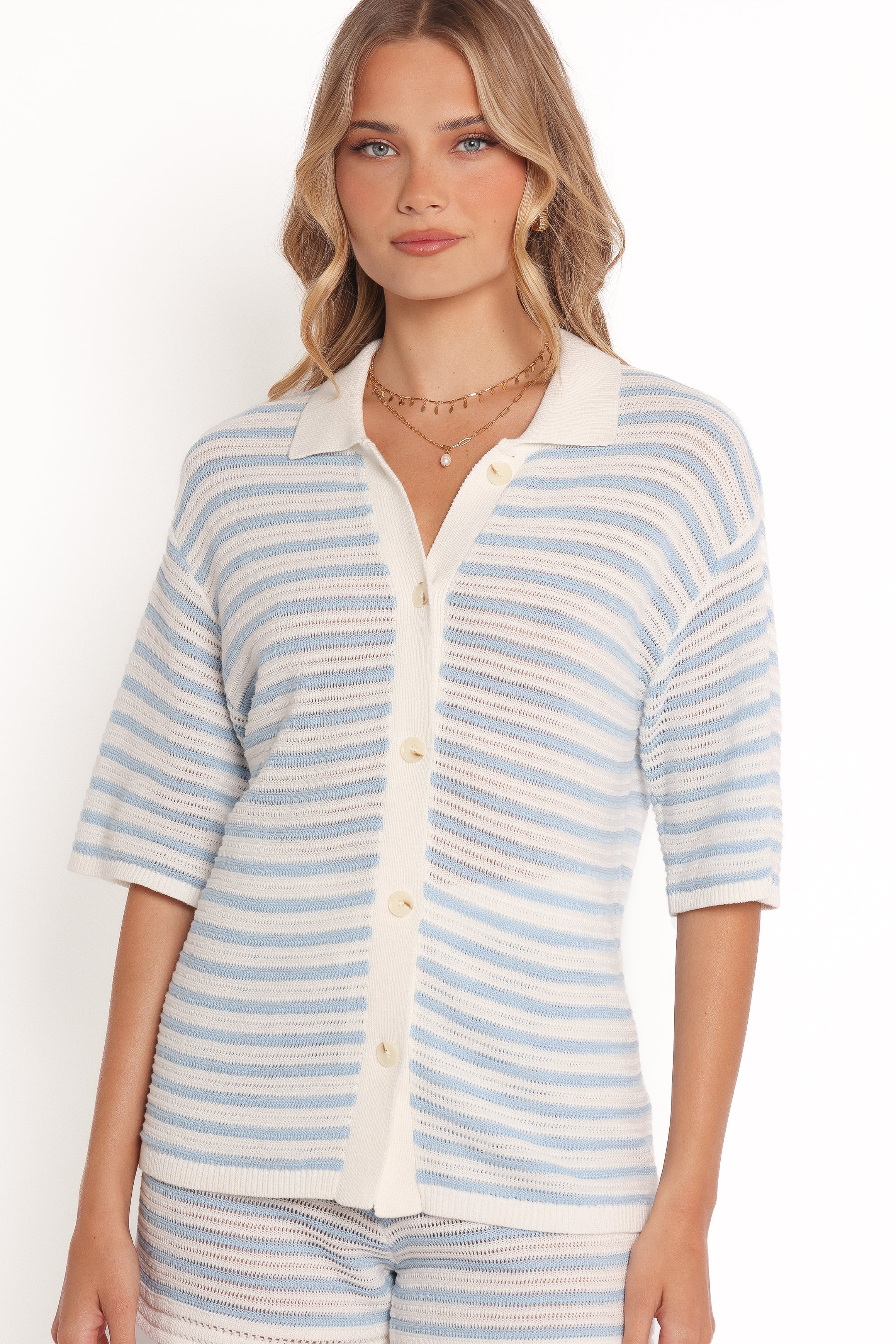 Women's High Waisted Cotton Knit Shorts - Cream Sky Blue Striped