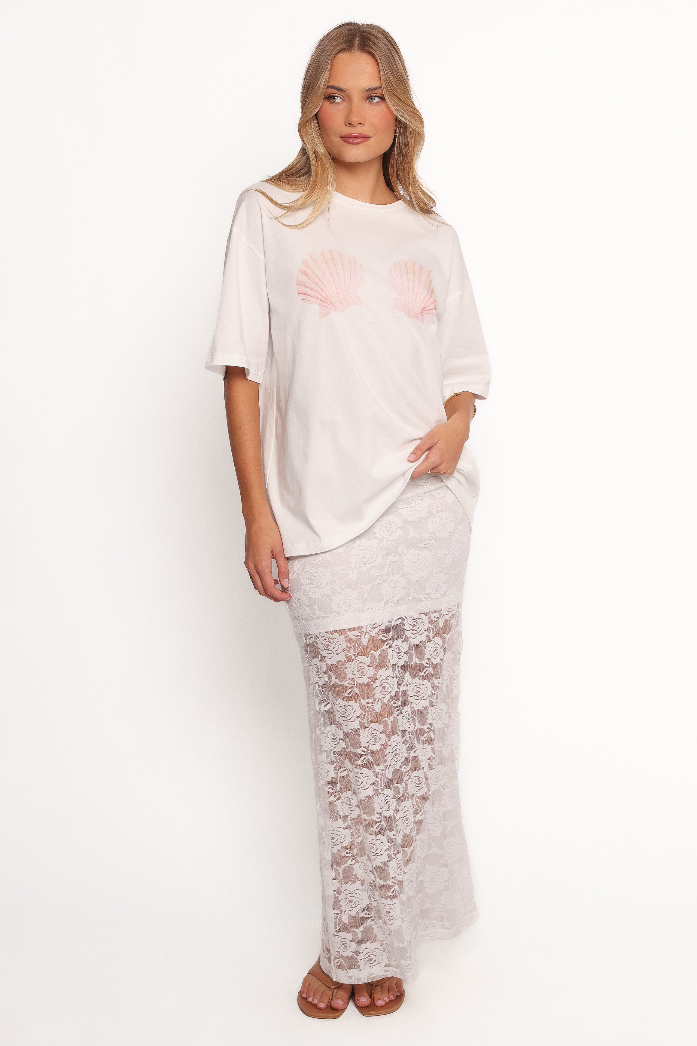Laken White Sheer Lace Maxi Skirt with Elastic Waist