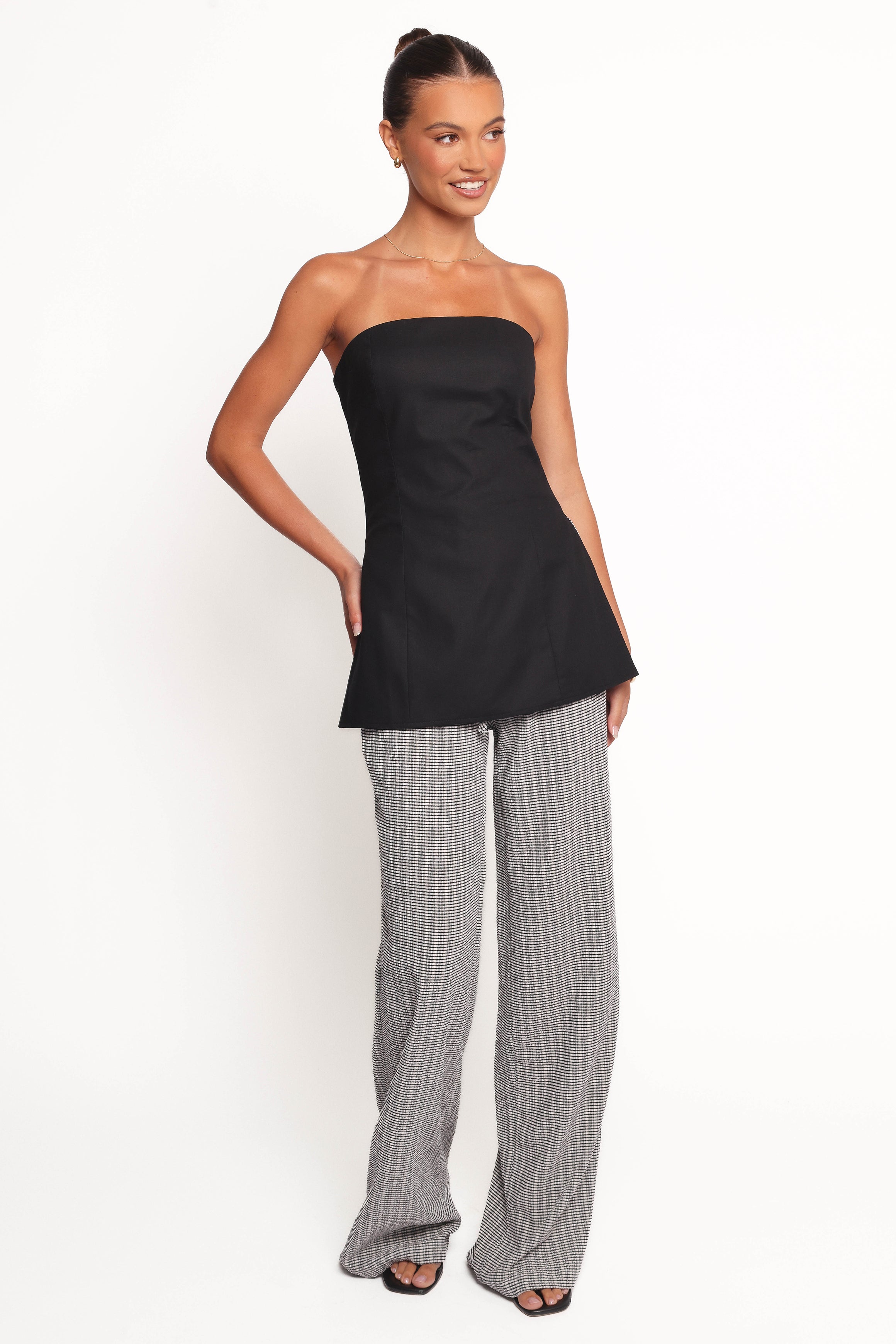 Afton High Waisted Wide Leg Pants - Black White Check Stripe
