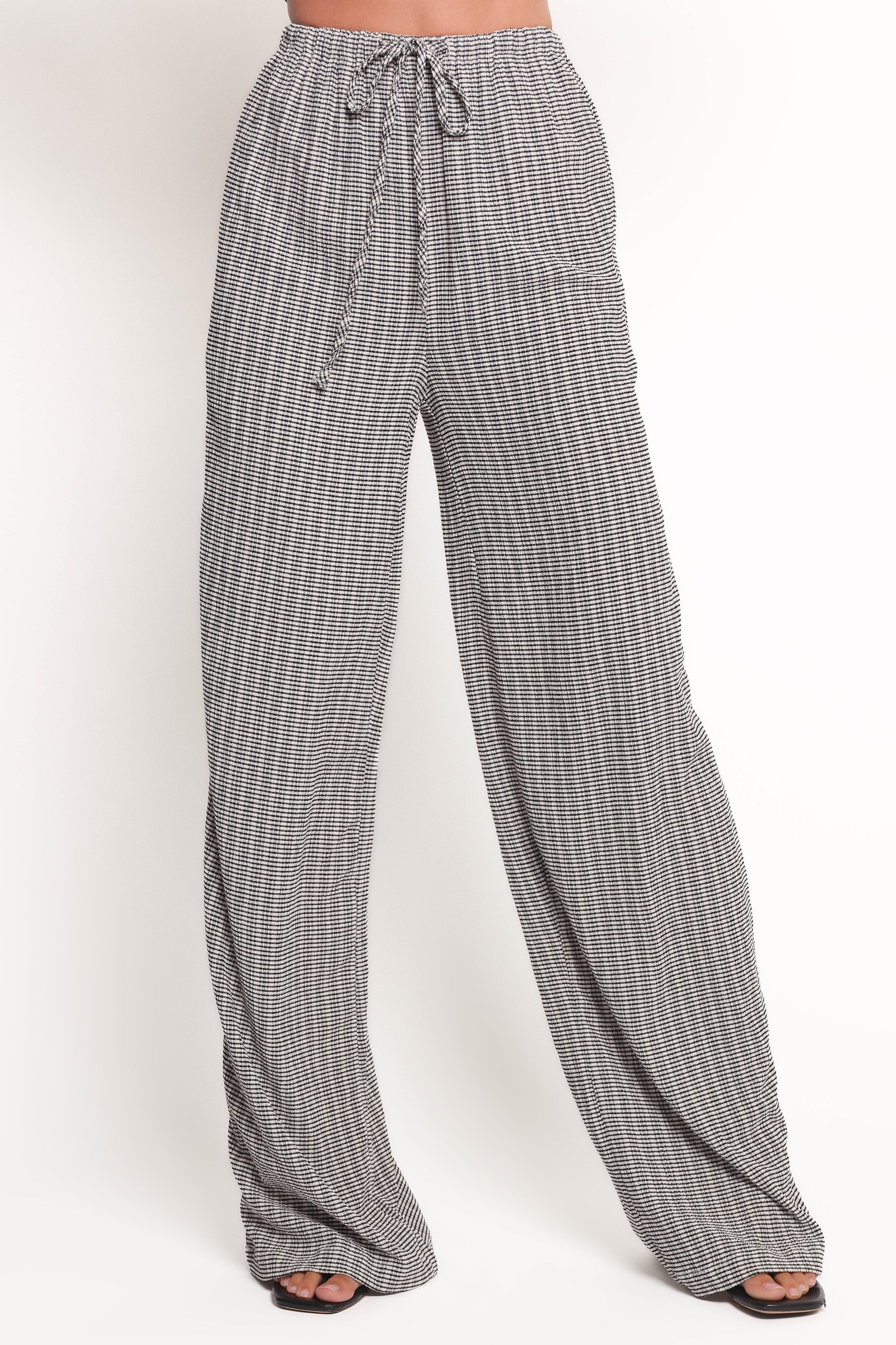 Afton High Waisted Wide Leg Pants - Black White Check Stripe