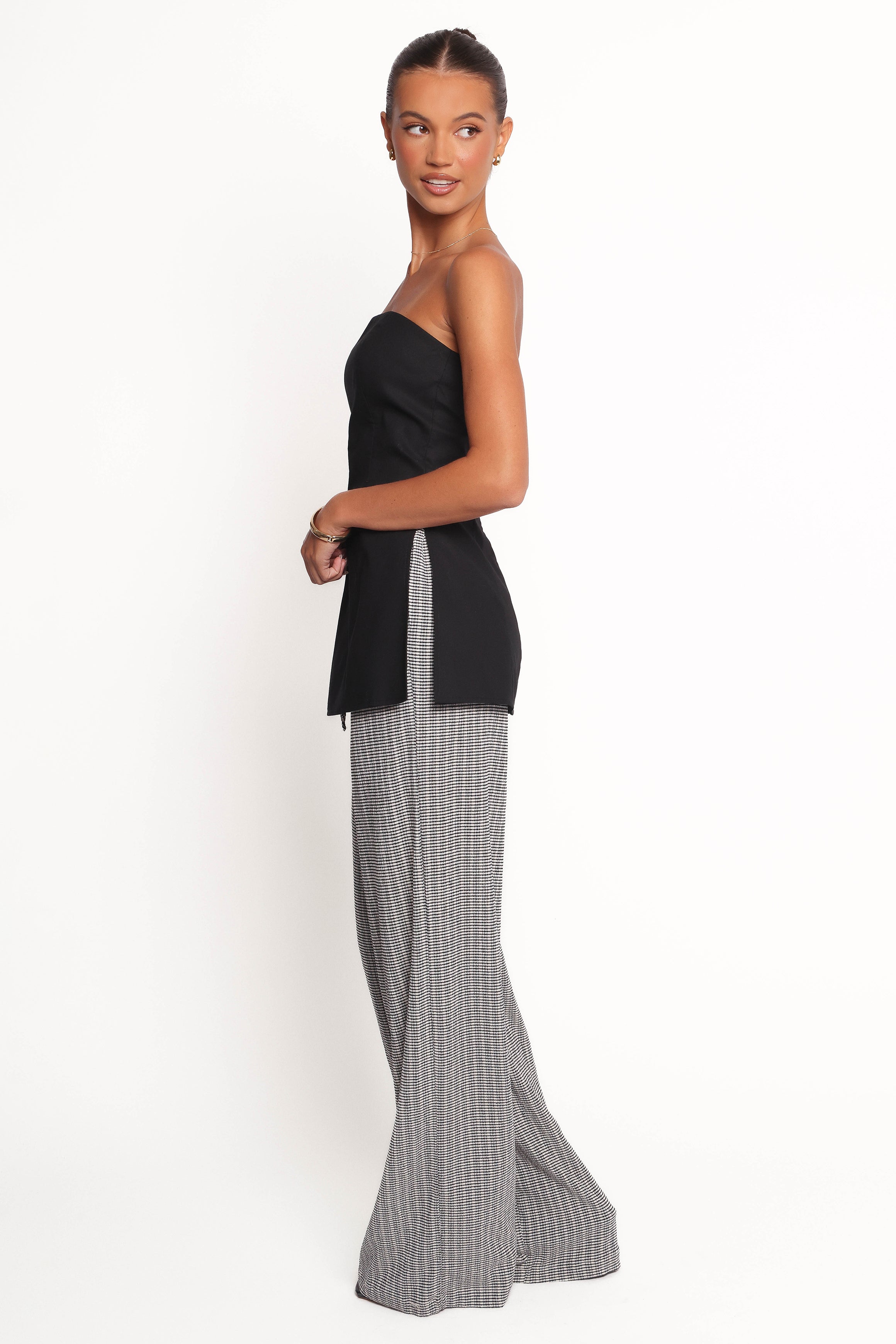 Afton High Waisted Wide Leg Pants - Black White Check Stripe