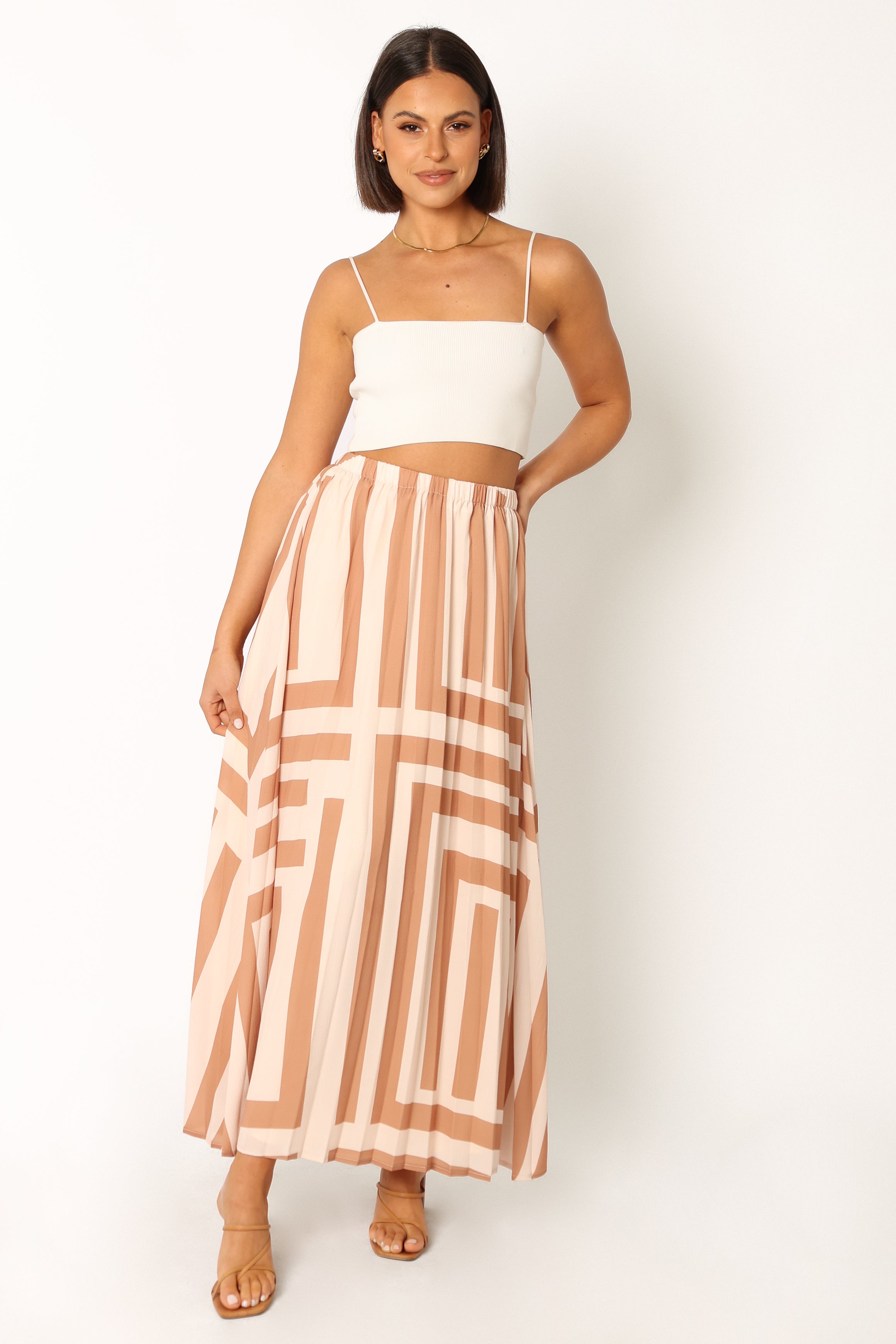 Elke High Waisted Pleated Midi Skirt in Tan - Polyester Lined
