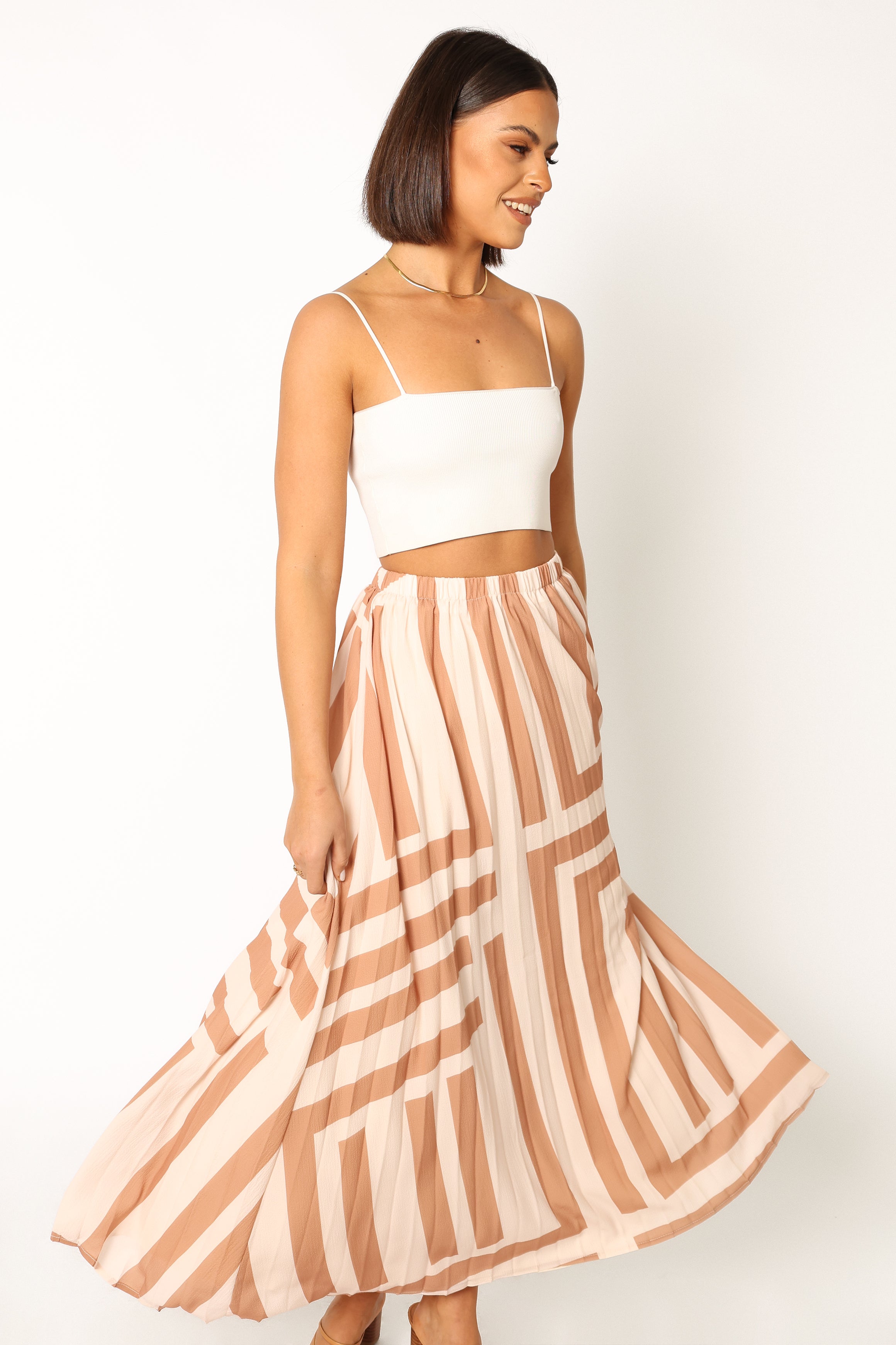 Elke High Waisted Pleated Midi Skirt in Tan - Polyester Lined
