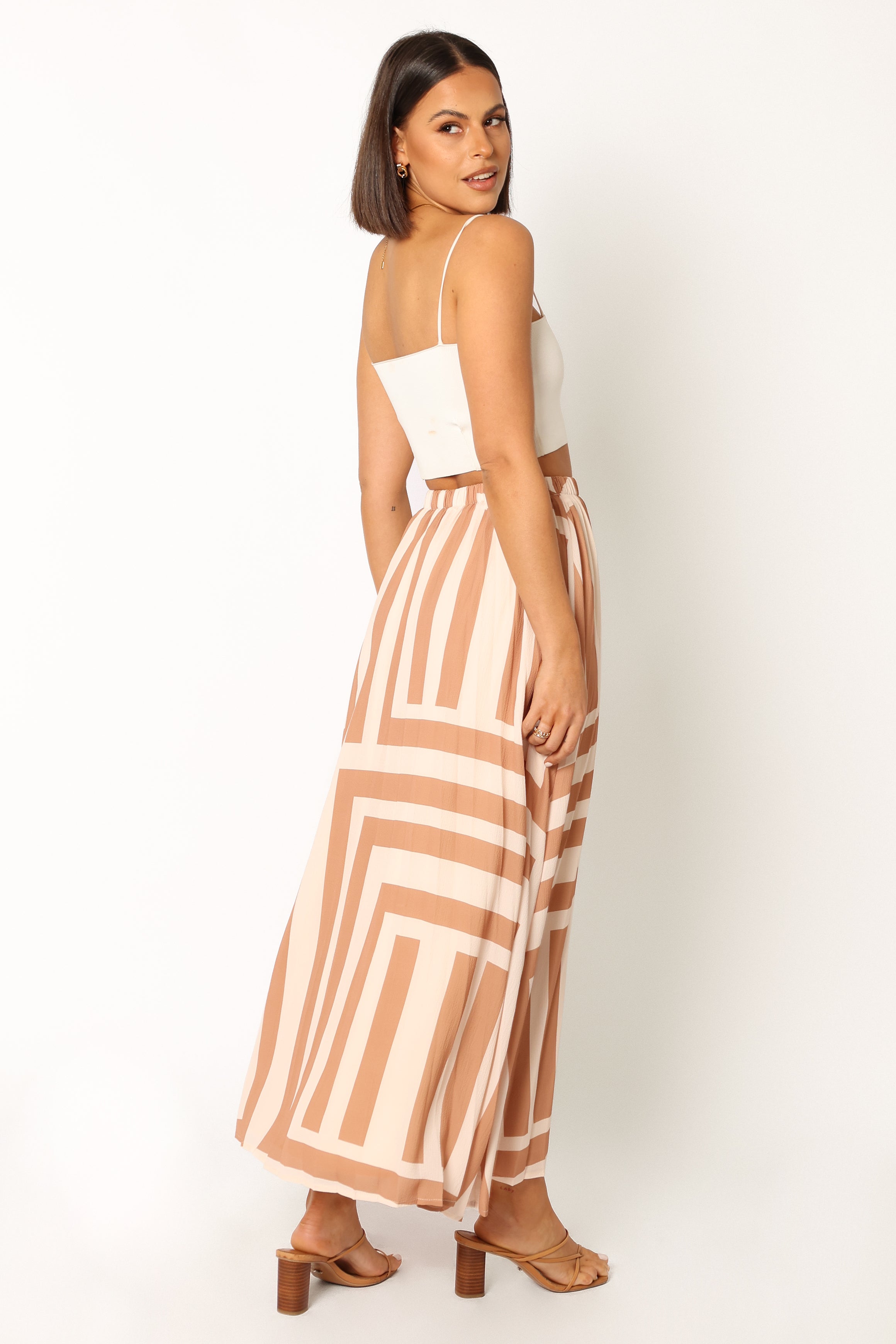Elke High Waisted Pleated Midi Skirt in Tan - Polyester Lined