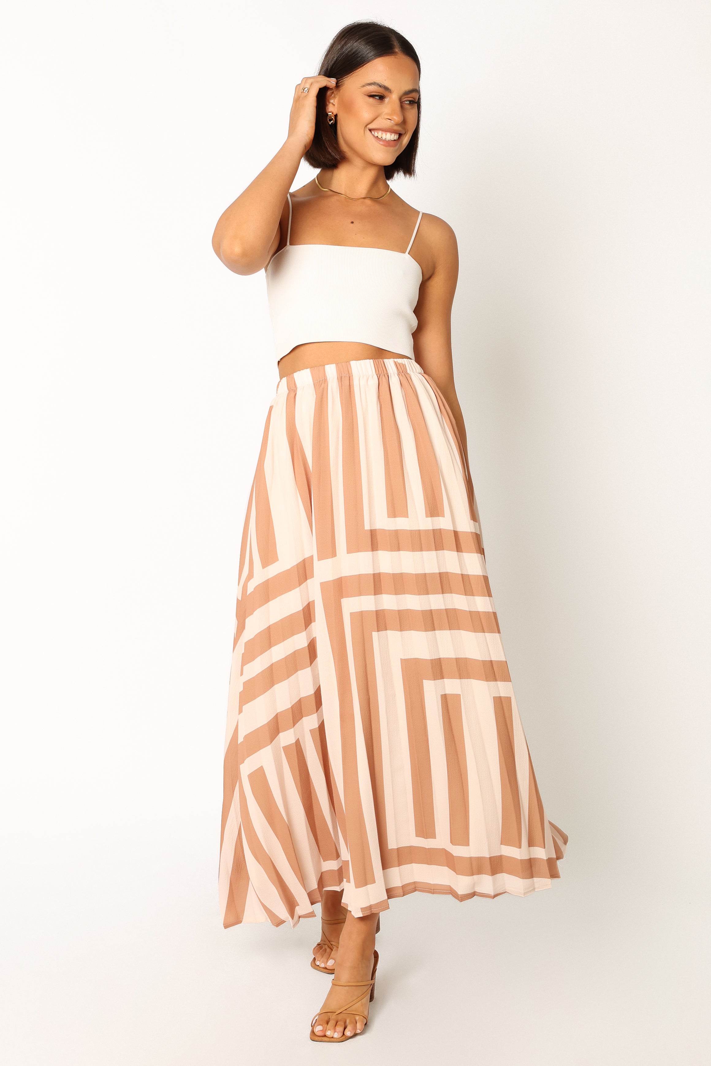Elke High Waisted Pleated Midi Skirt in Tan - Polyester Lined