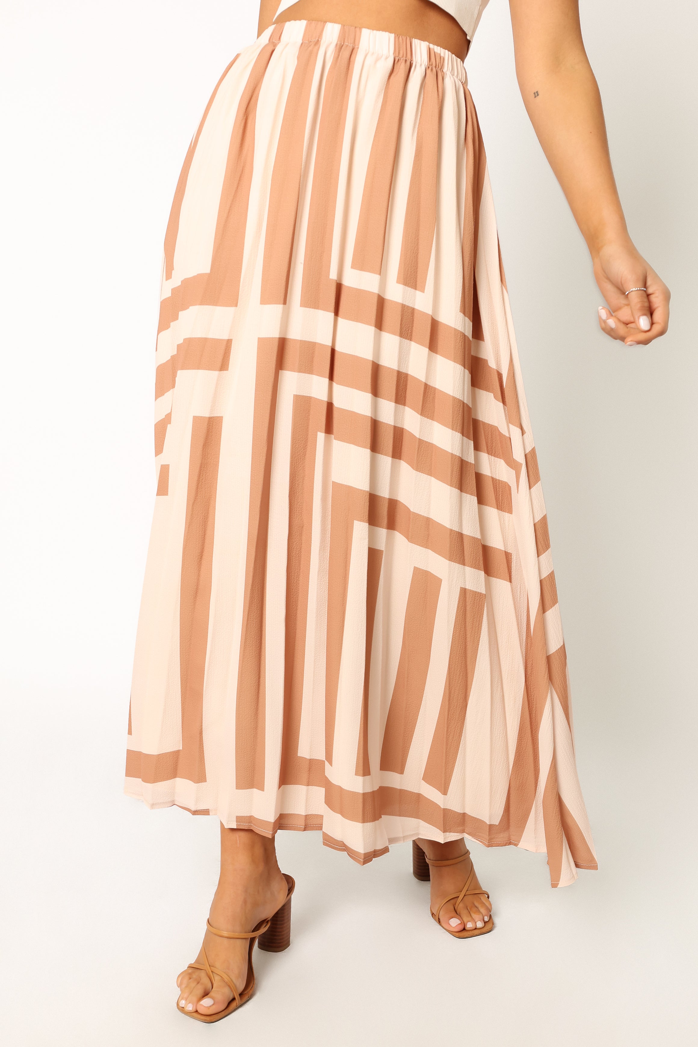 Elke High Waisted Pleated Midi Skirt in Tan - Polyester Lined