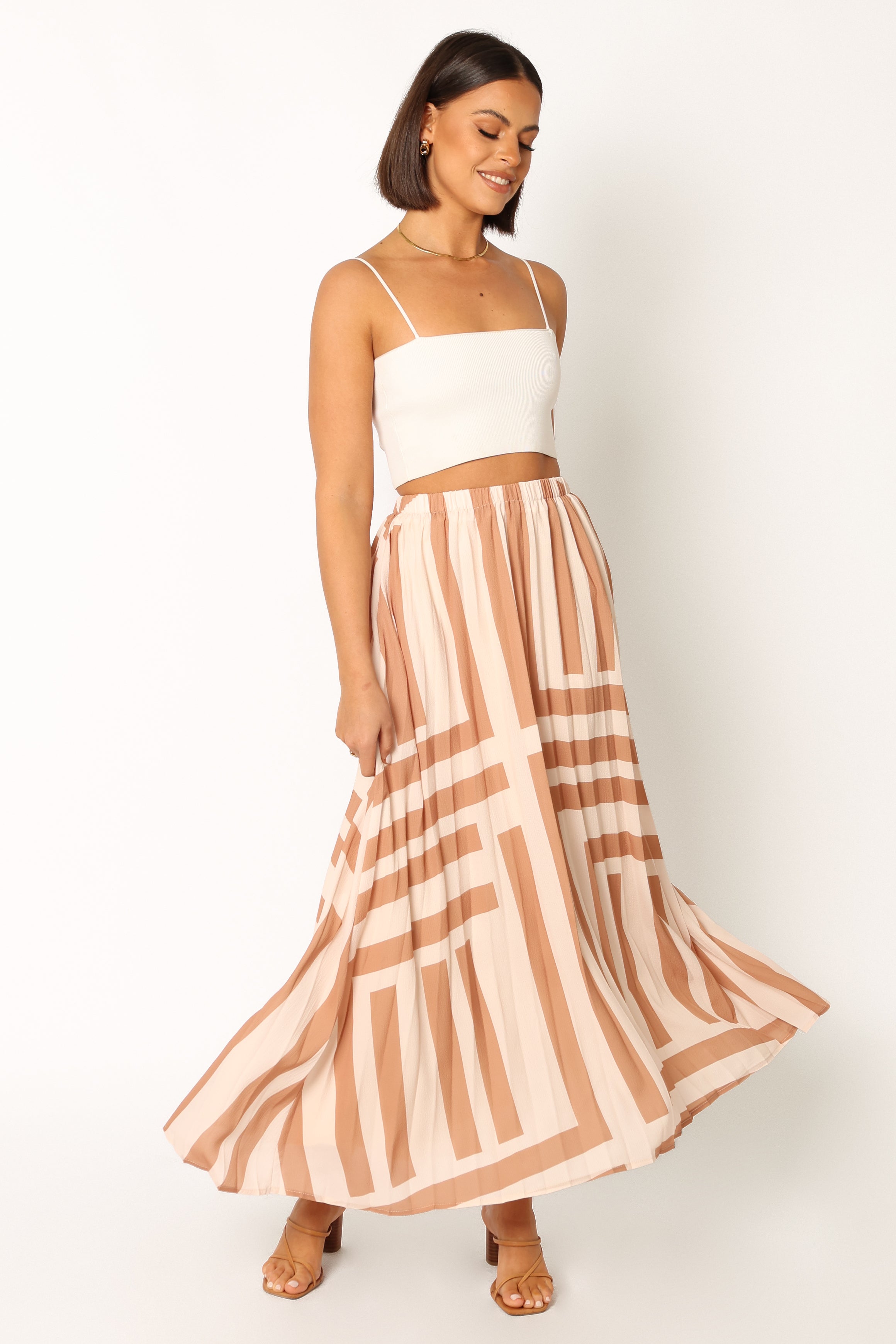 Elke High Waisted Pleated Midi Skirt in Tan - Polyester Lined