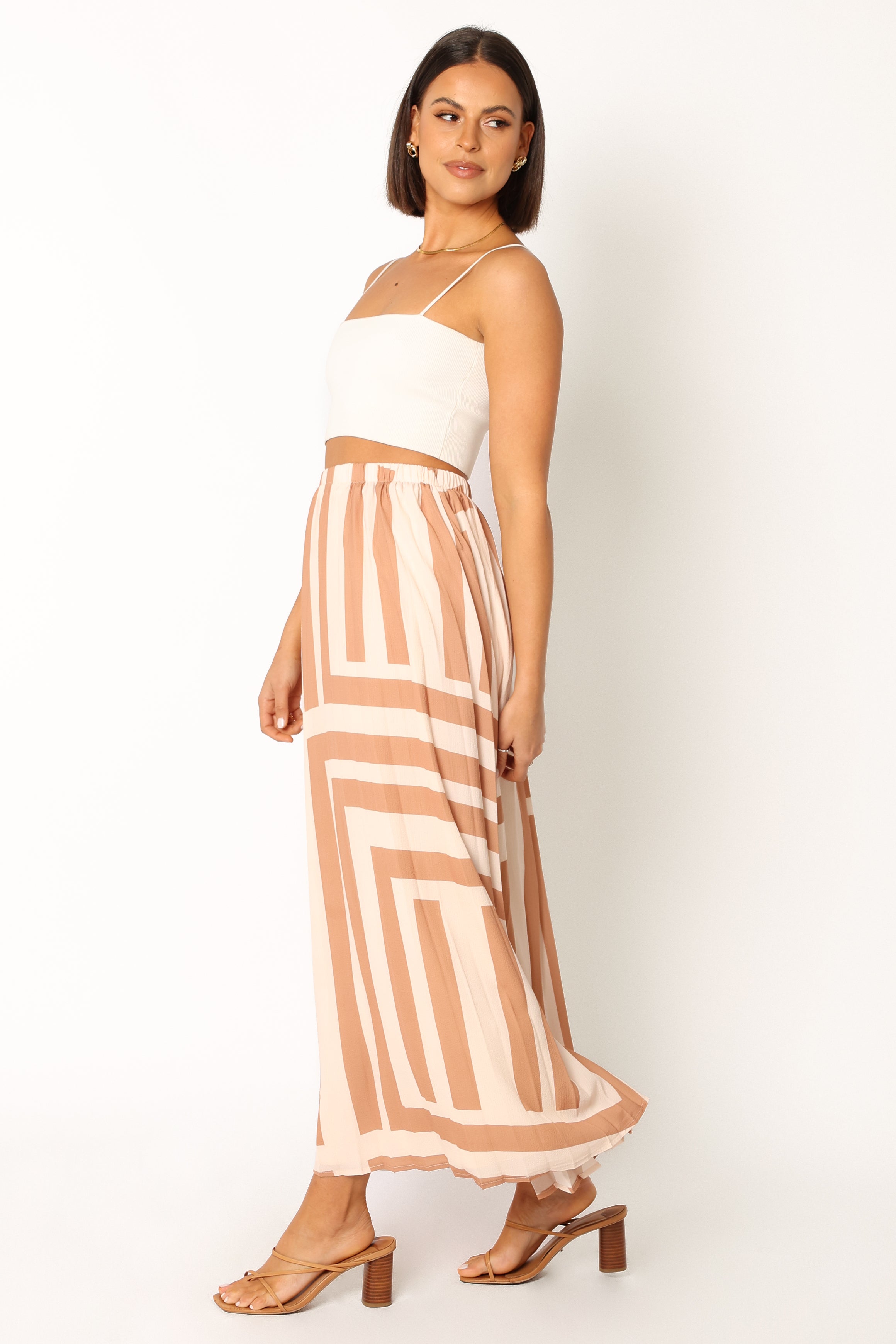 Elke High Waisted Pleated Midi Skirt in Tan - Polyester Lined