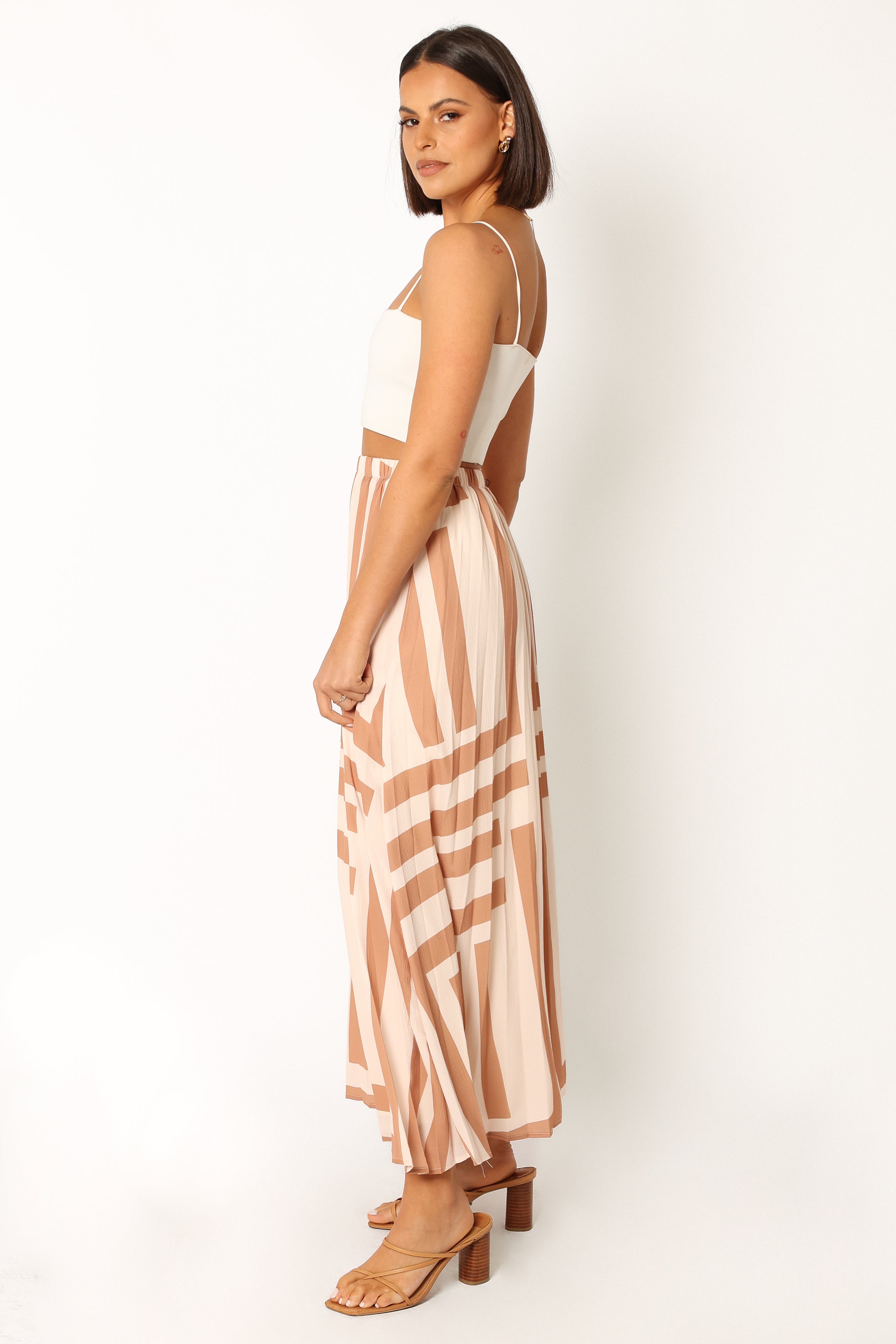 Elke High Waisted Pleated Midi Skirt in Tan - Polyester Lined