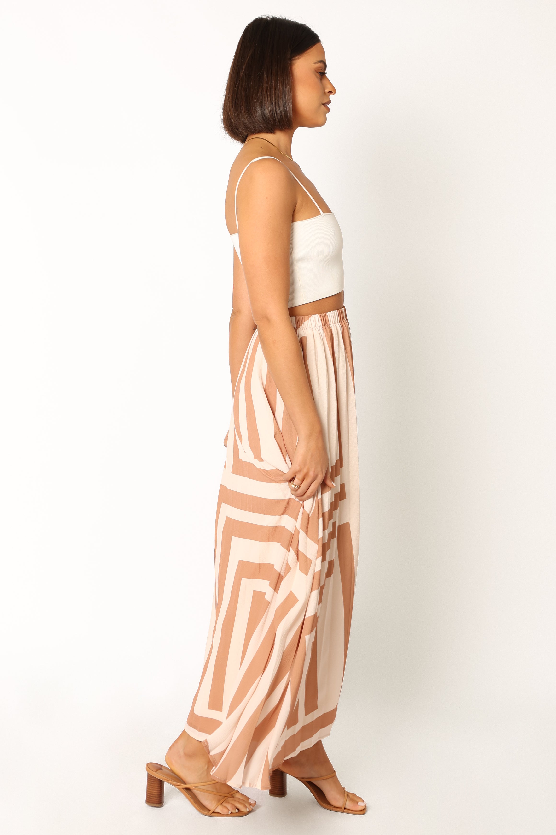 Elke High Waisted Pleated Midi Skirt in Tan - Polyester Lined