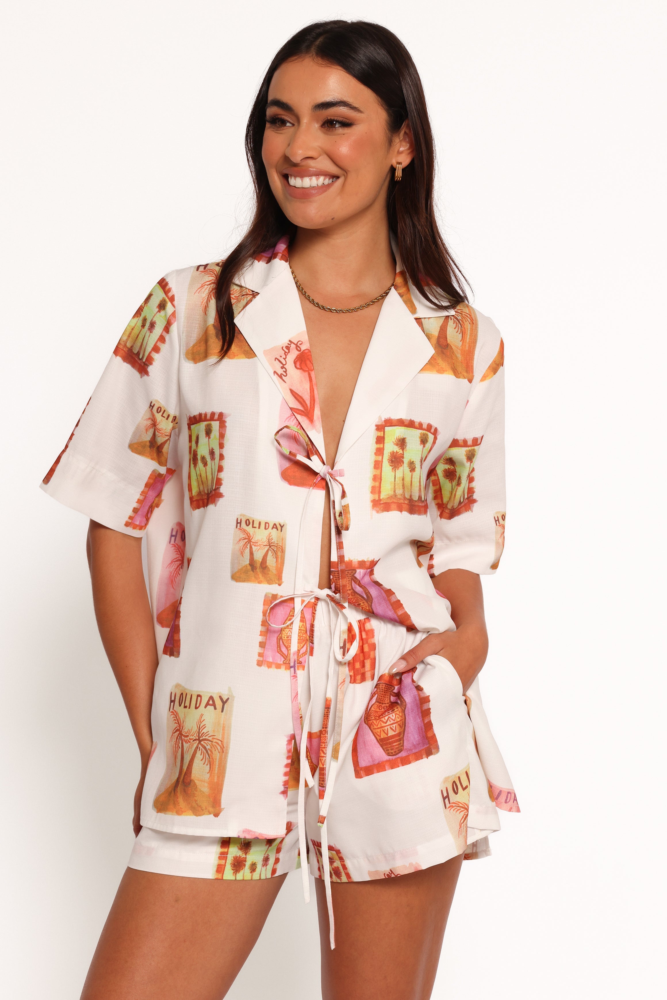 Aaliyah High Waisted Shorts - White Multi Abstract Print