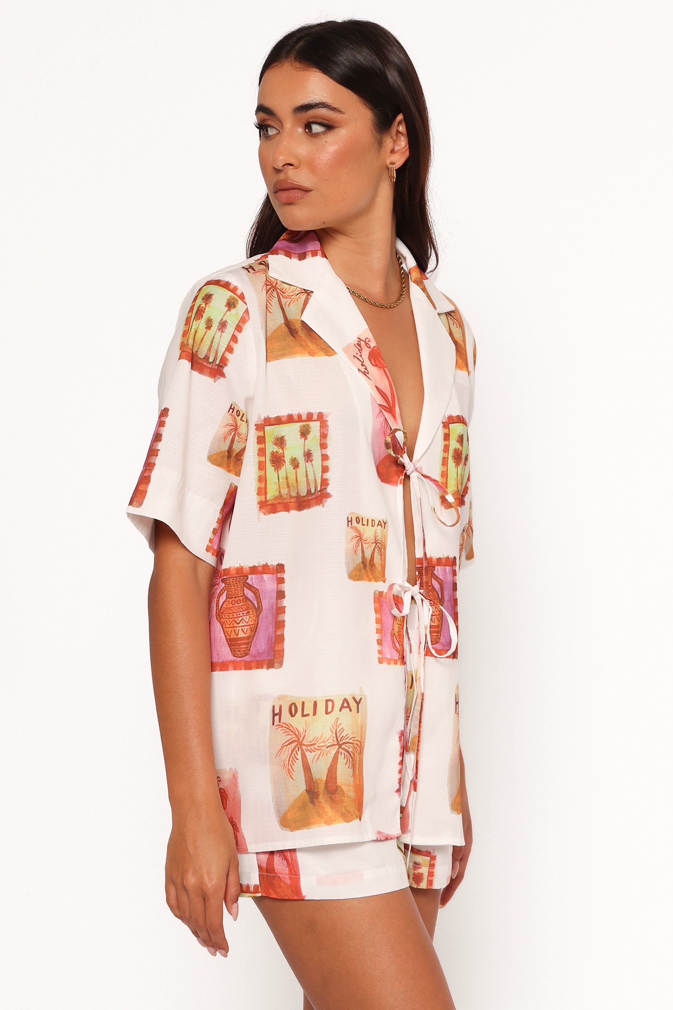 Aaliyah High Waisted Shorts - White Multi Abstract Print