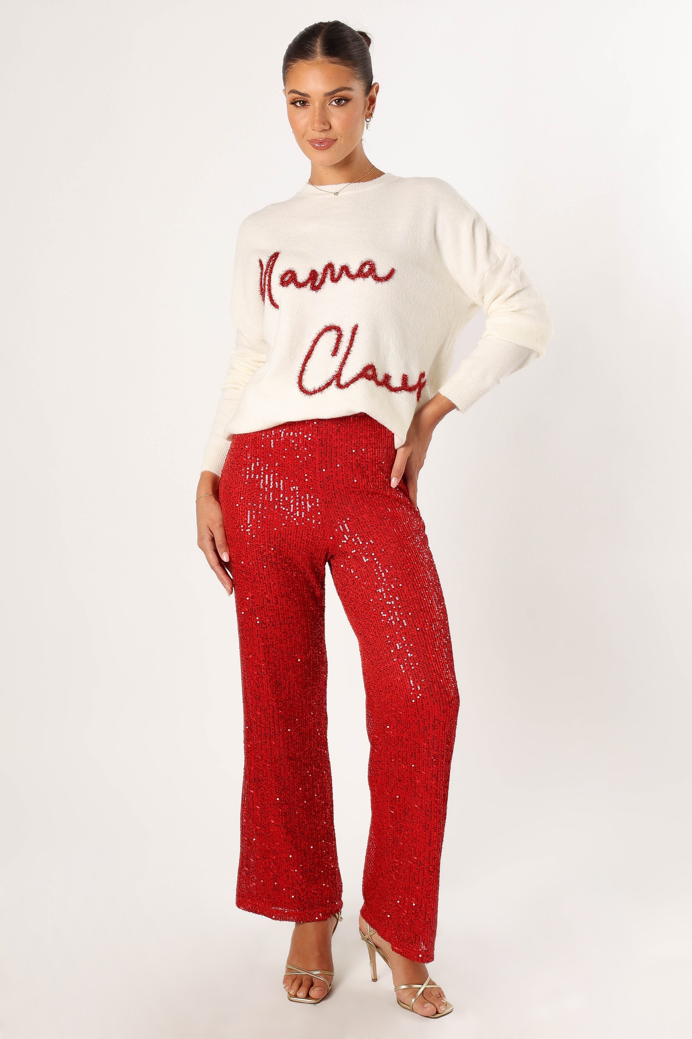 Red Sequin High Waist Flare Pants - Lilianna Stretch Party Pants