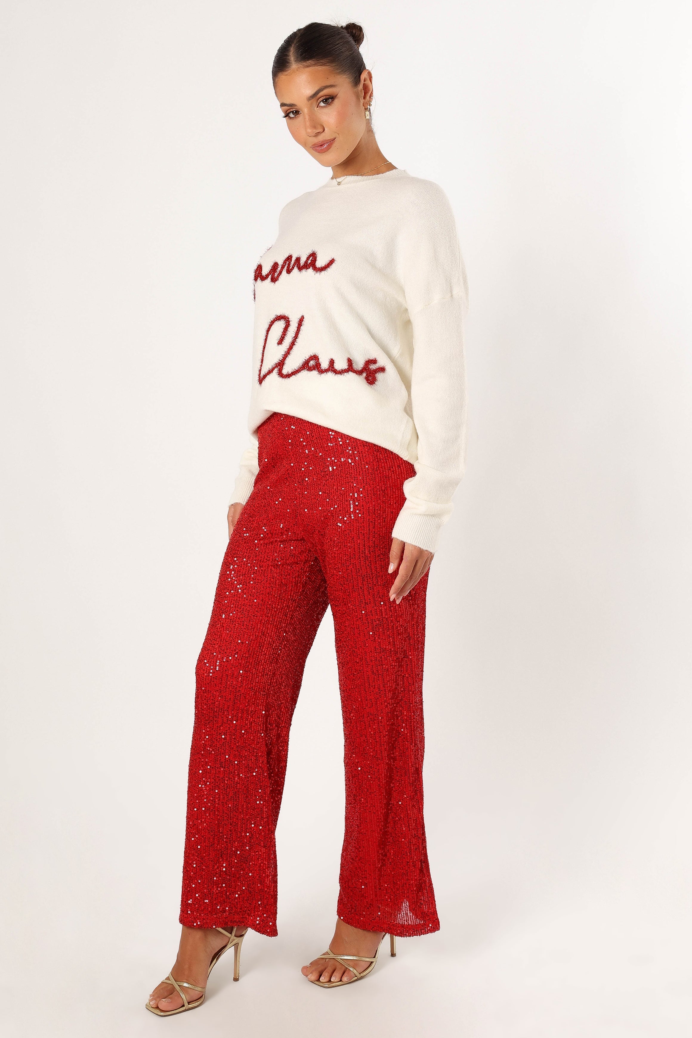 Red Sequin High Waist Flare Pants - Lilianna Stretch Party Pants