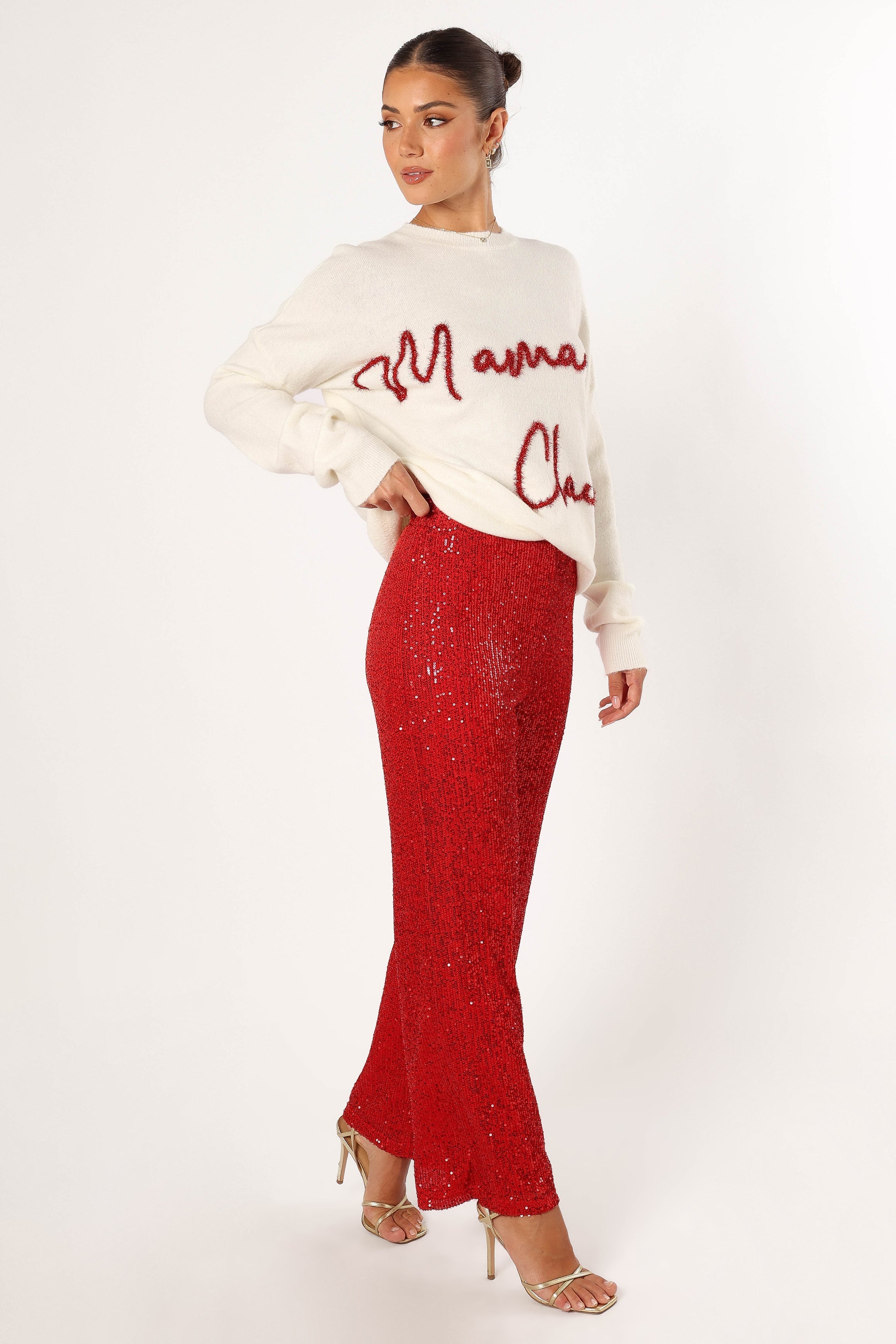 Red Sequin High Waist Flare Pants - Lilianna Stretch Party Pants
