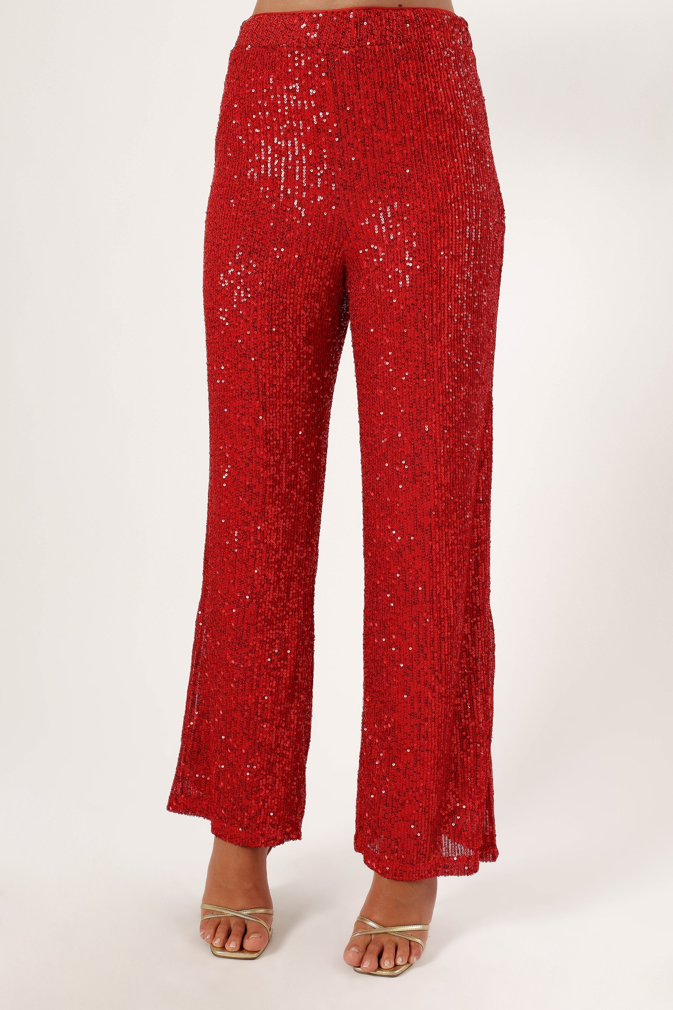 Red Sequin High Waist Flare Pants - Lilianna Stretch Party Pants