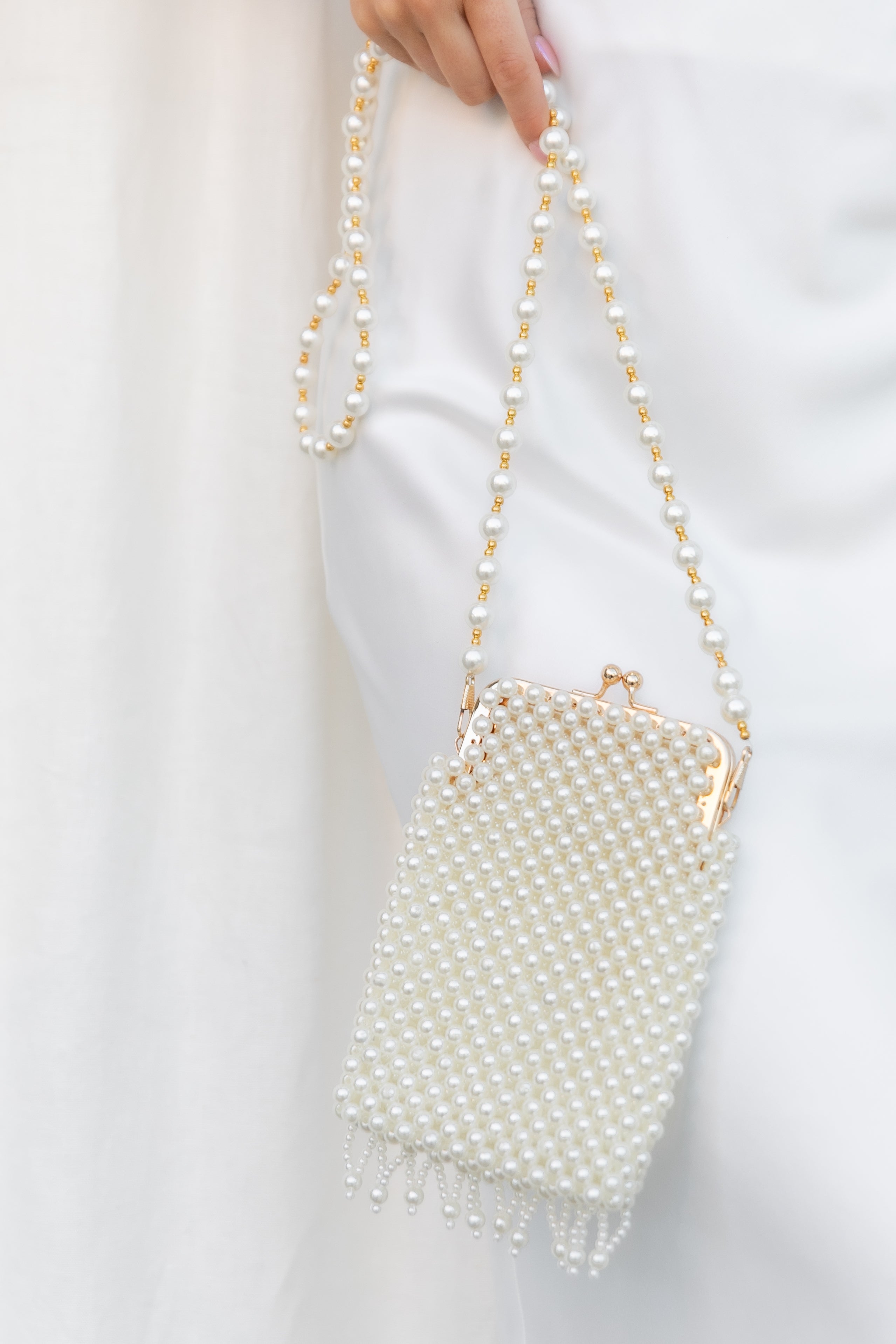 Pearl Beaded Clutch Bag with Detachable Gold Strap - Manon