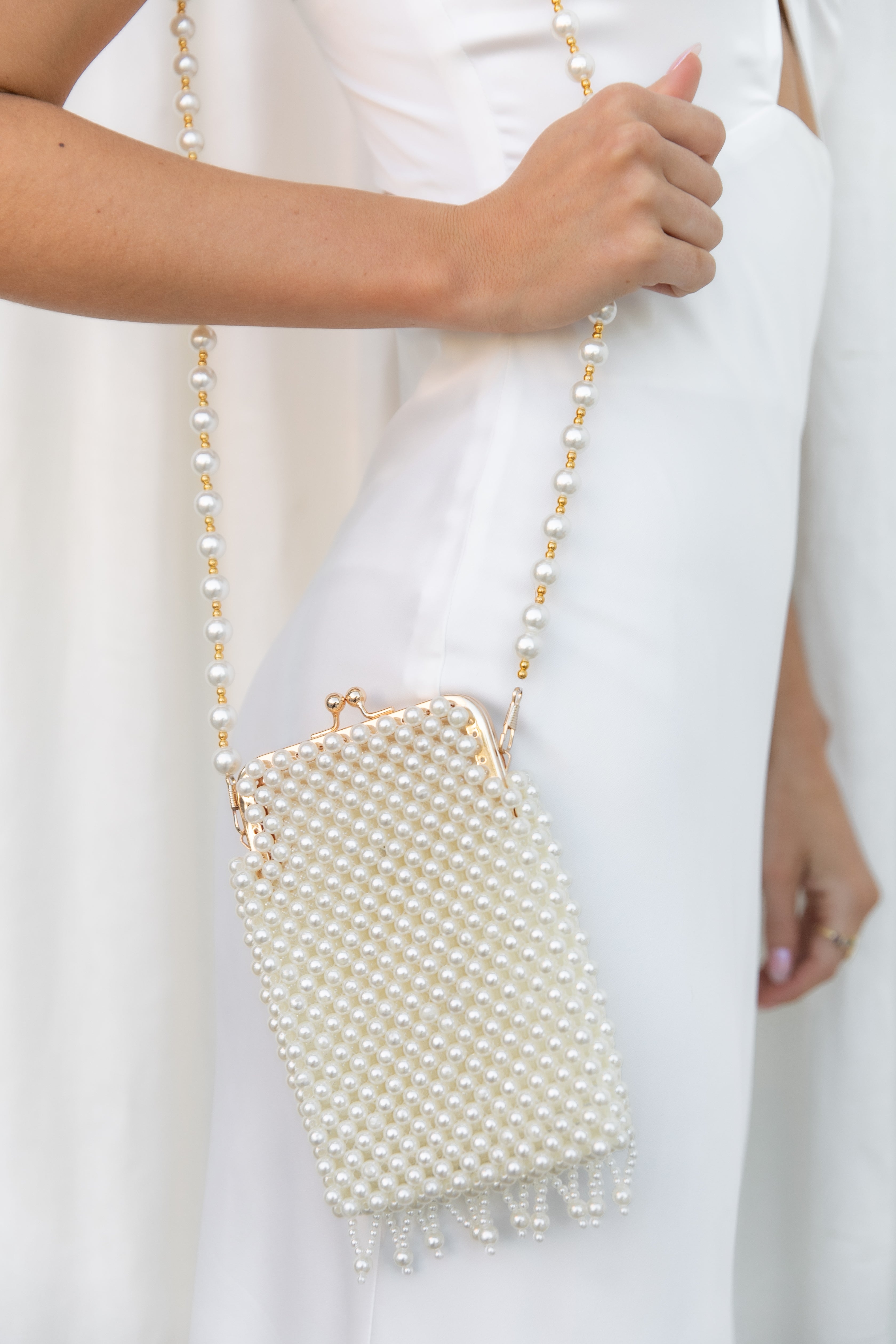 Pearl Beaded Clutch Bag with Detachable Gold Strap - Manon