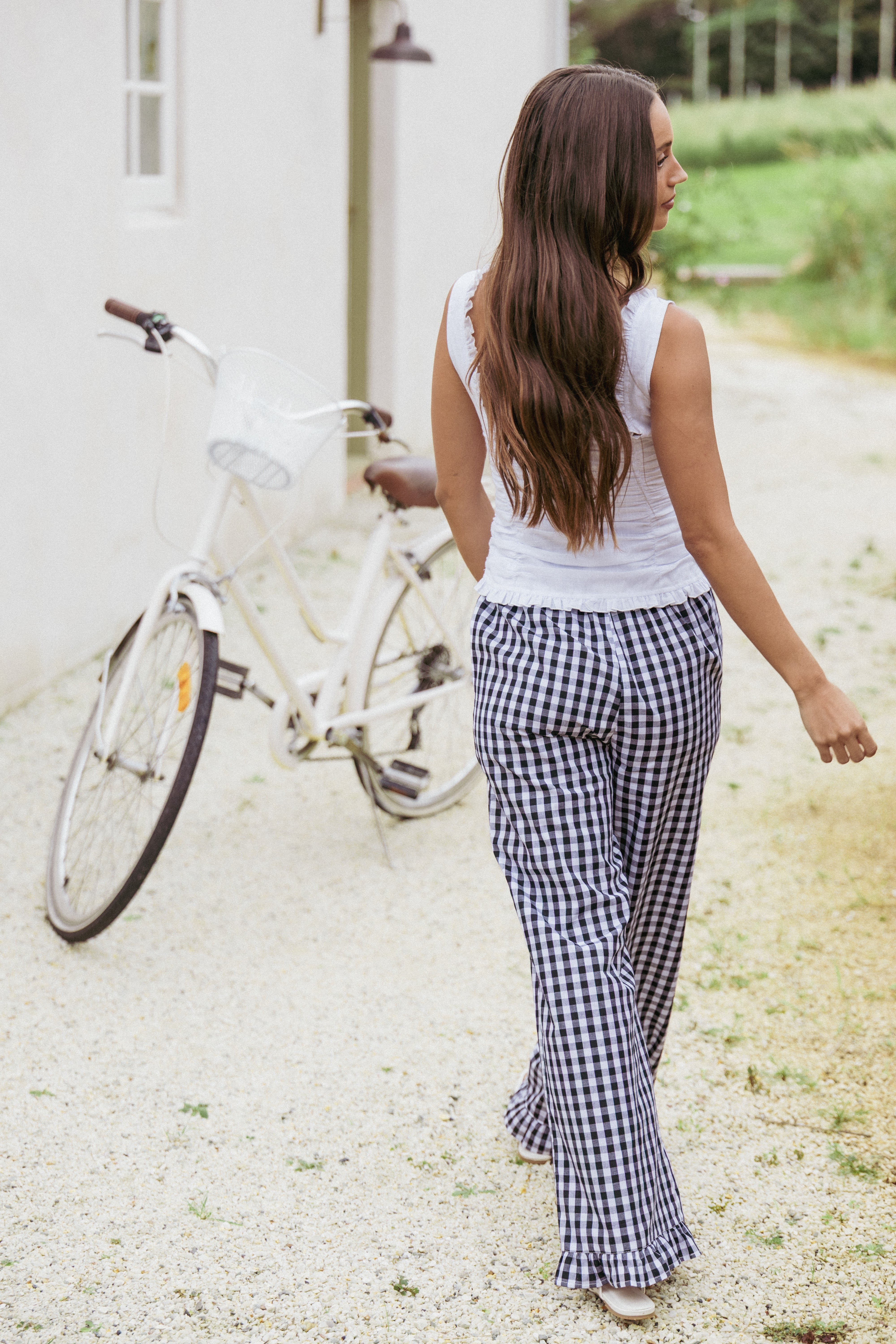 Black Gingham High-Waist Wide-Leg Pants with Pockets