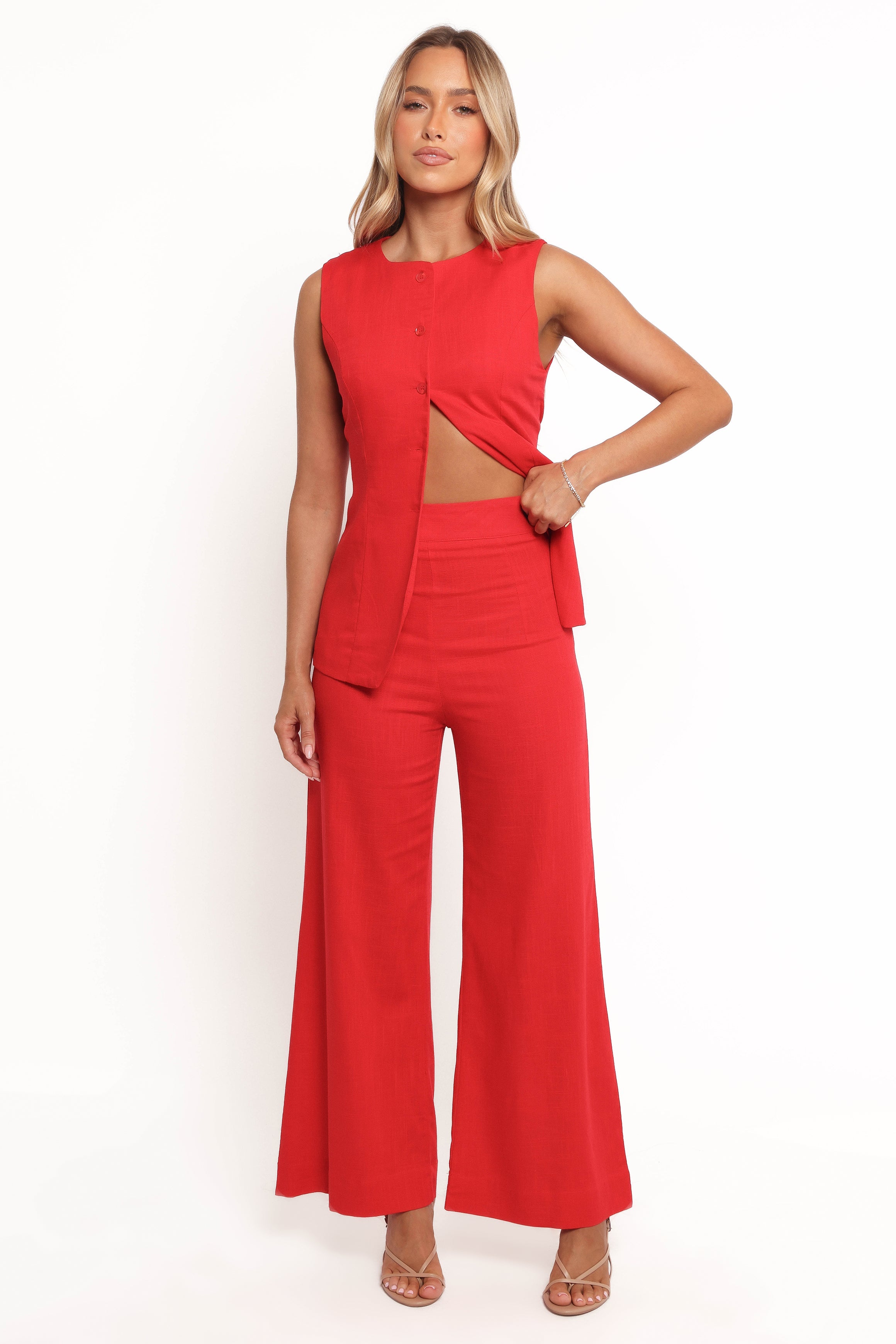 High Waisted Linen Blend Pants - Wide Leg Red Women's Trousers