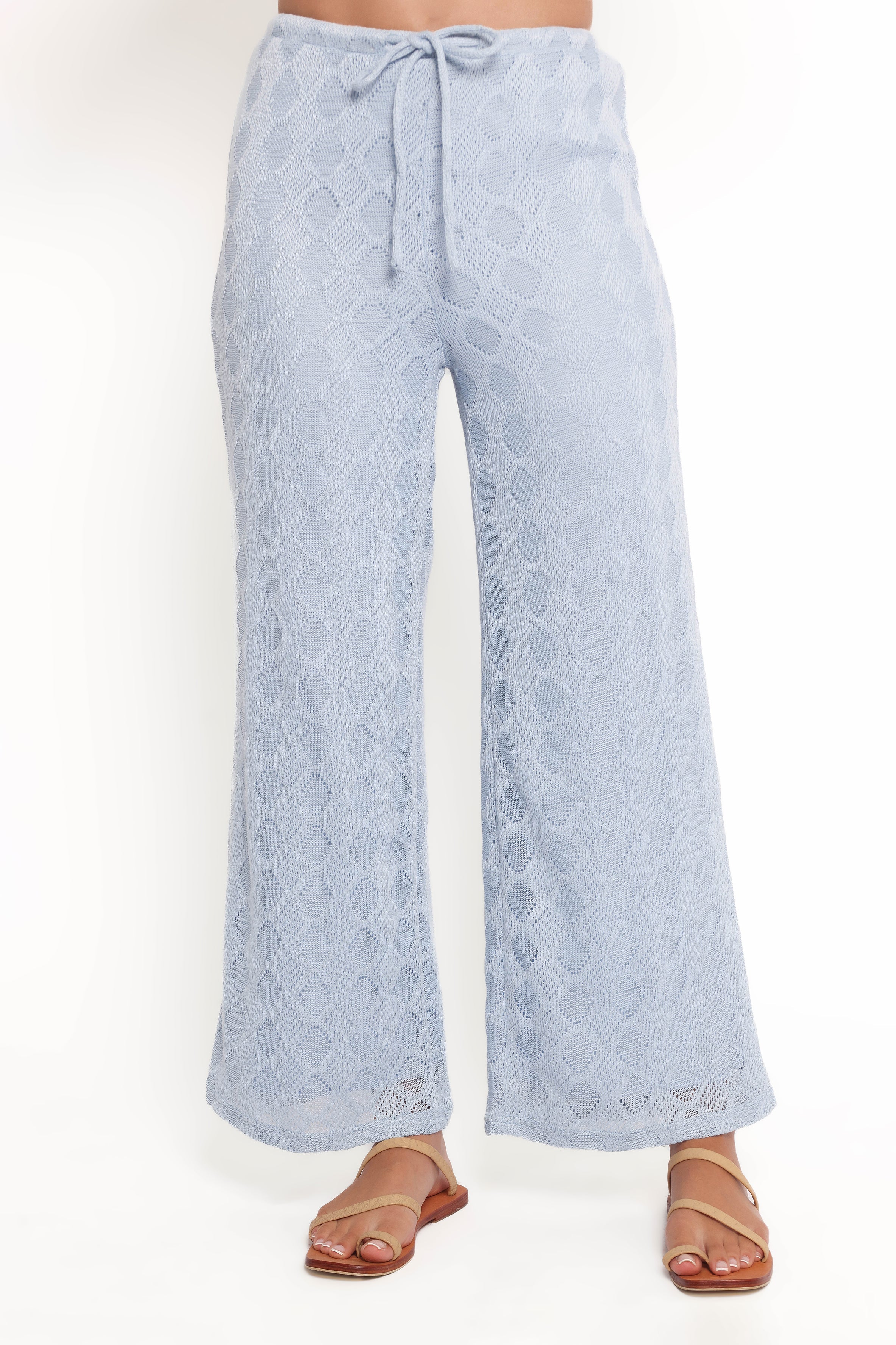 Cora Knit Wide Leg Pants - High Waisted Blue Crochet Design