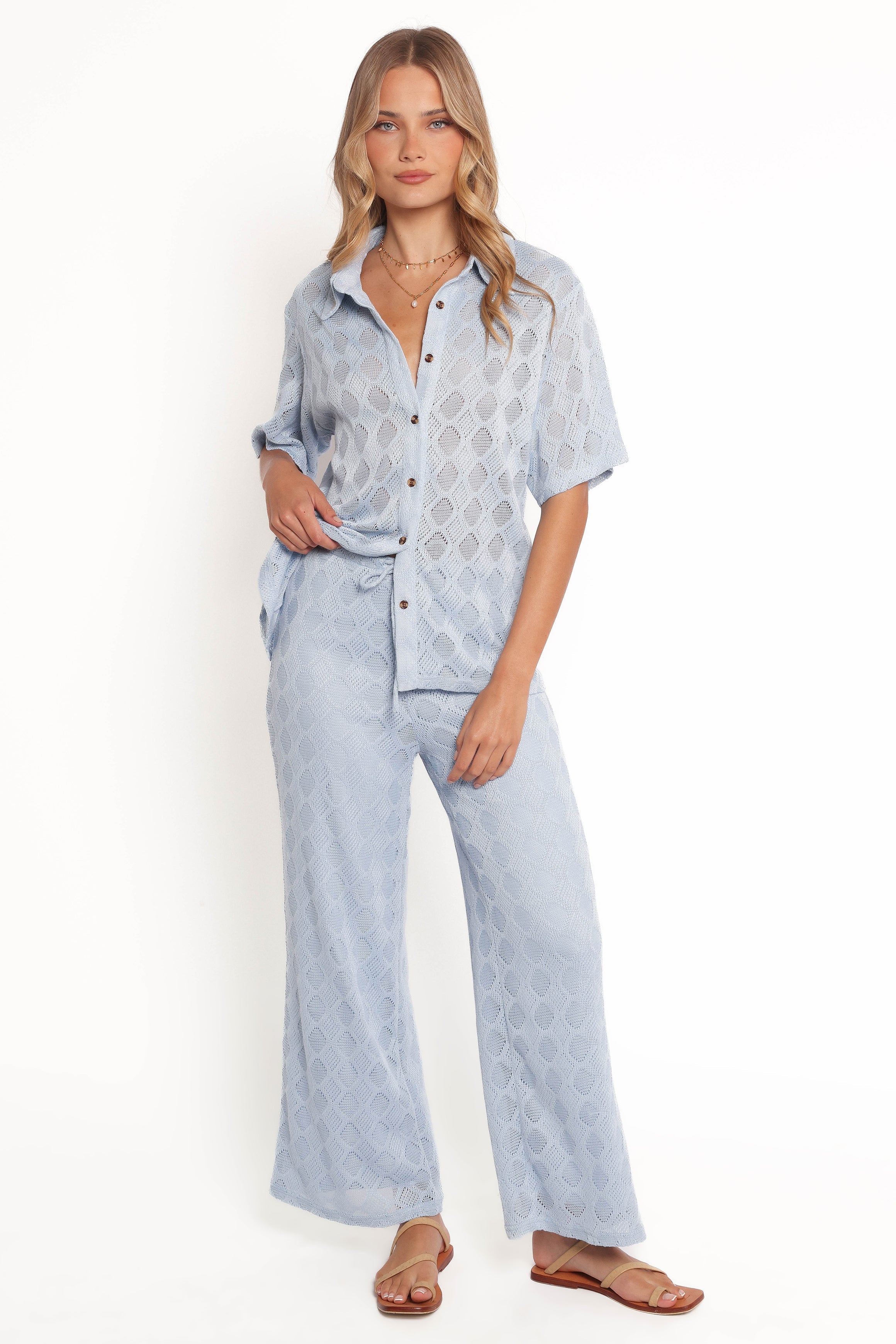 Cora Knit Wide Leg Pants - High Waisted Blue Crochet Design