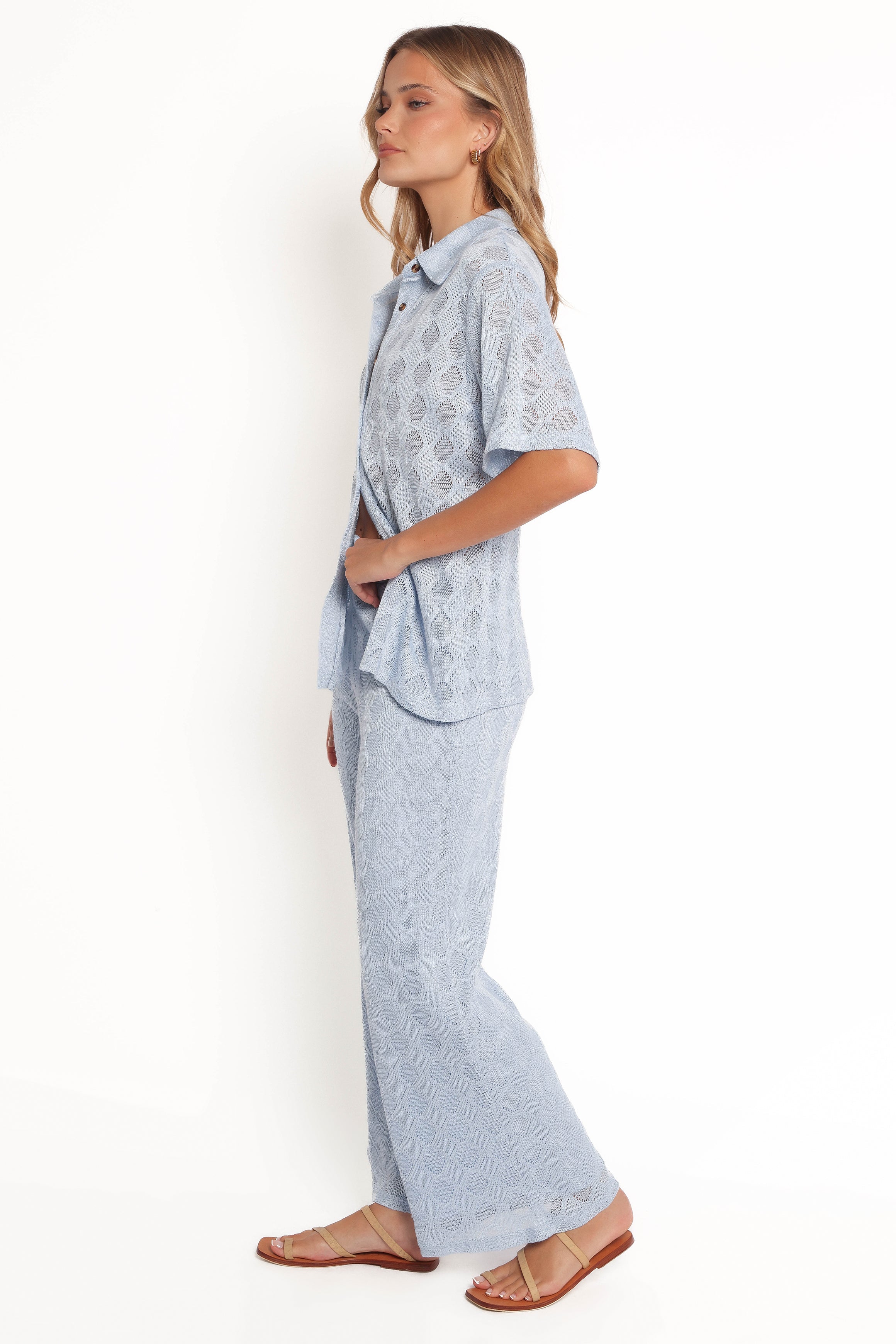 Cora Knit Wide Leg Pants - High Waisted Blue Crochet Design