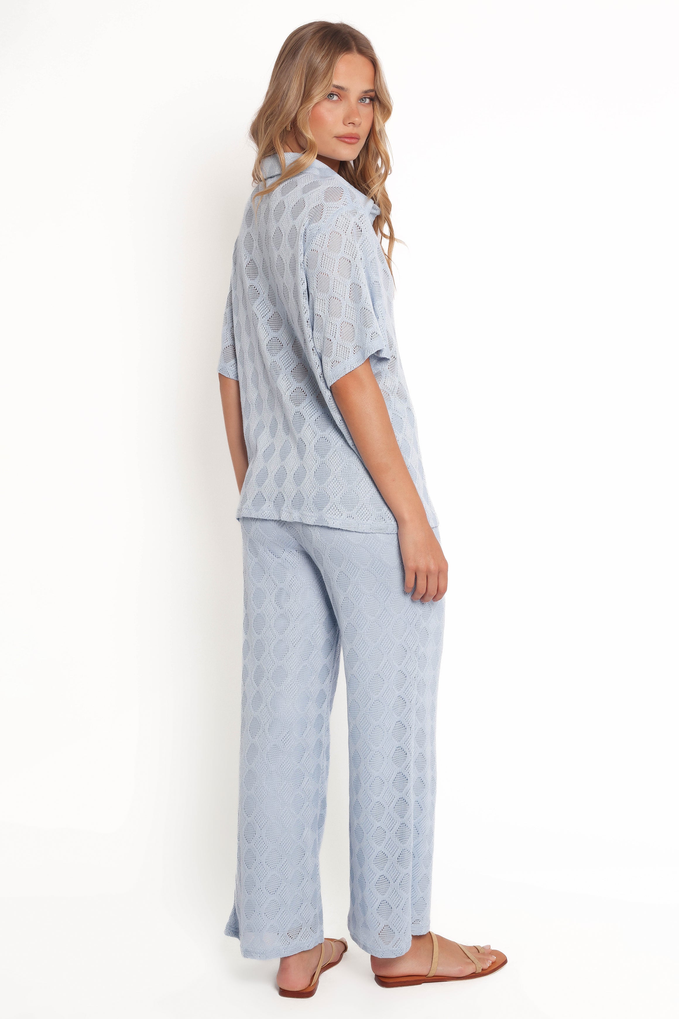 Cora Knit Wide Leg Pants - High Waisted Blue Crochet Design