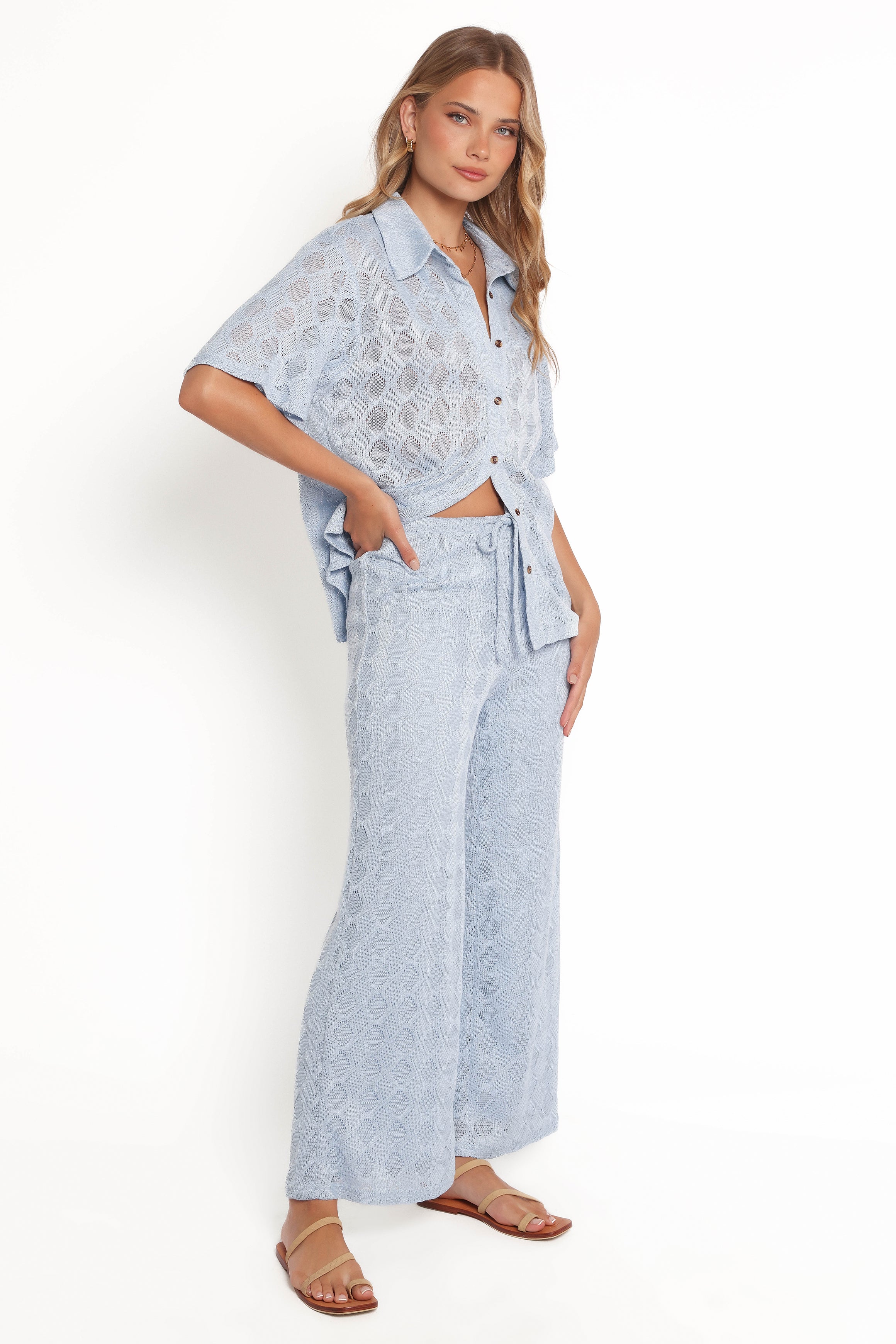 Cora Knit Wide Leg Pants - High Waisted Blue Crochet Design