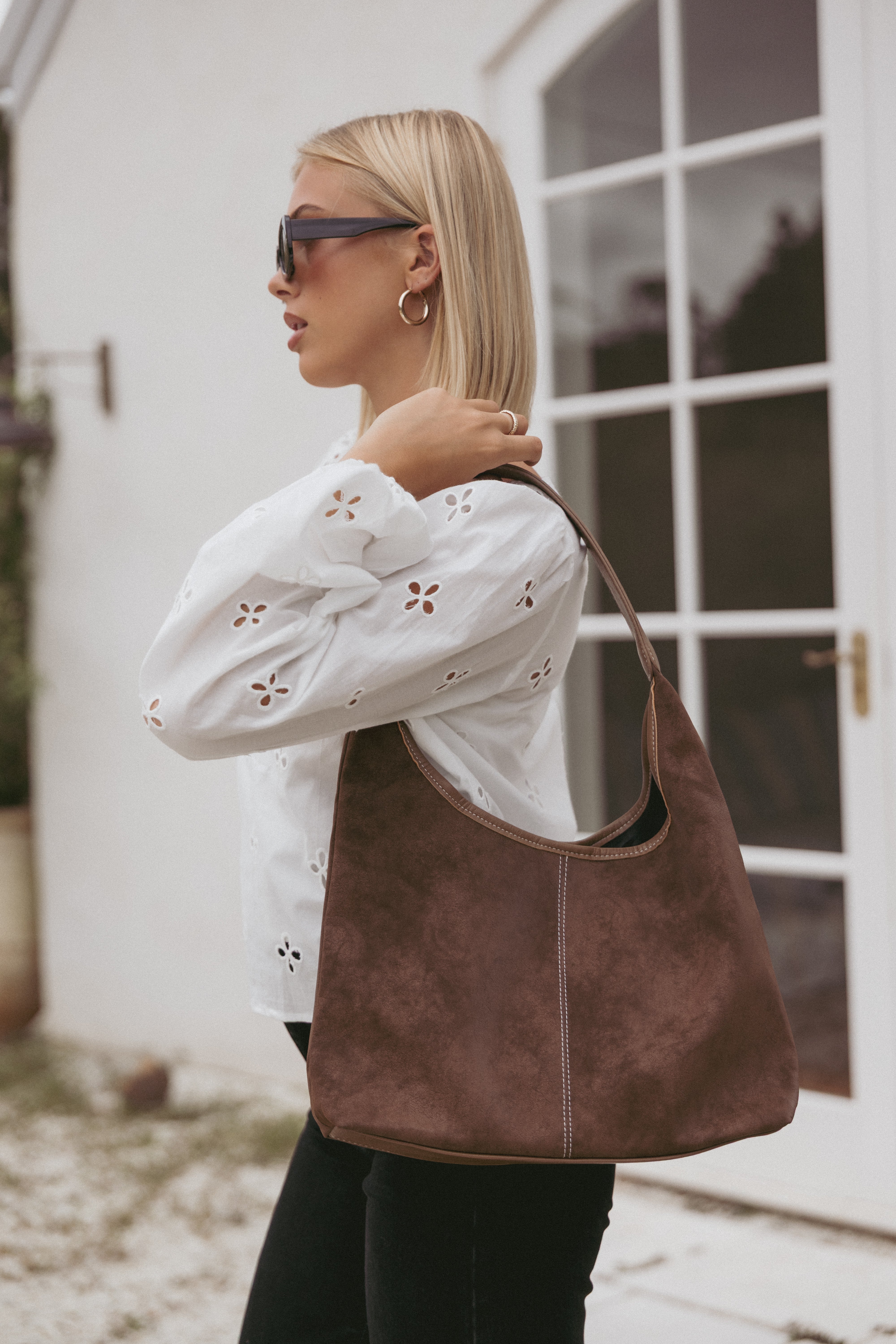 Brown Suede Tote Bag with Zip Closure - Ashton Handbag