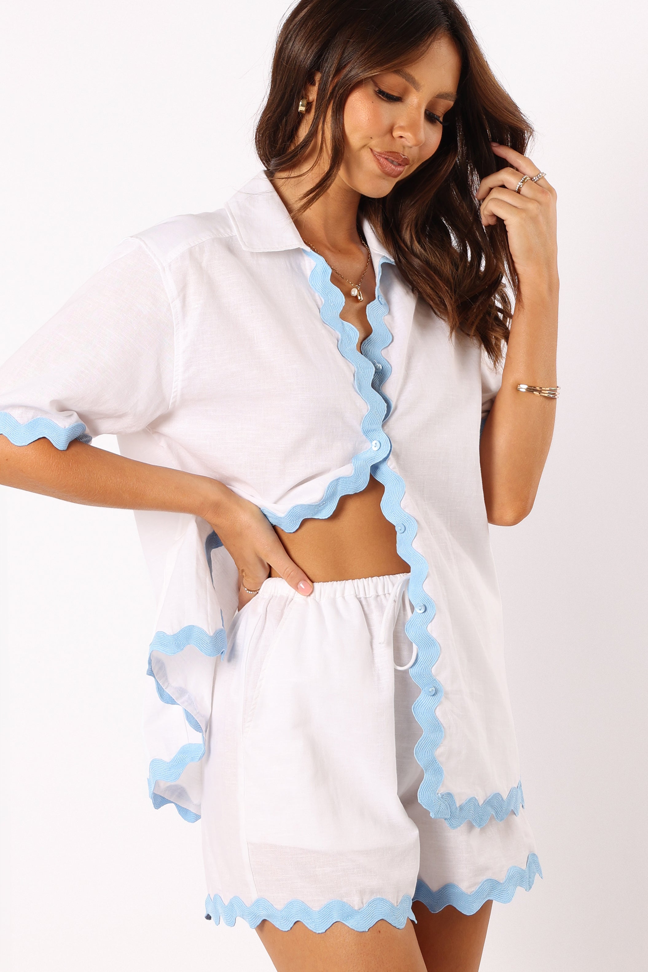 Harry Linen-Cotton High Waist Shorts with Drawstring - White & Blue
