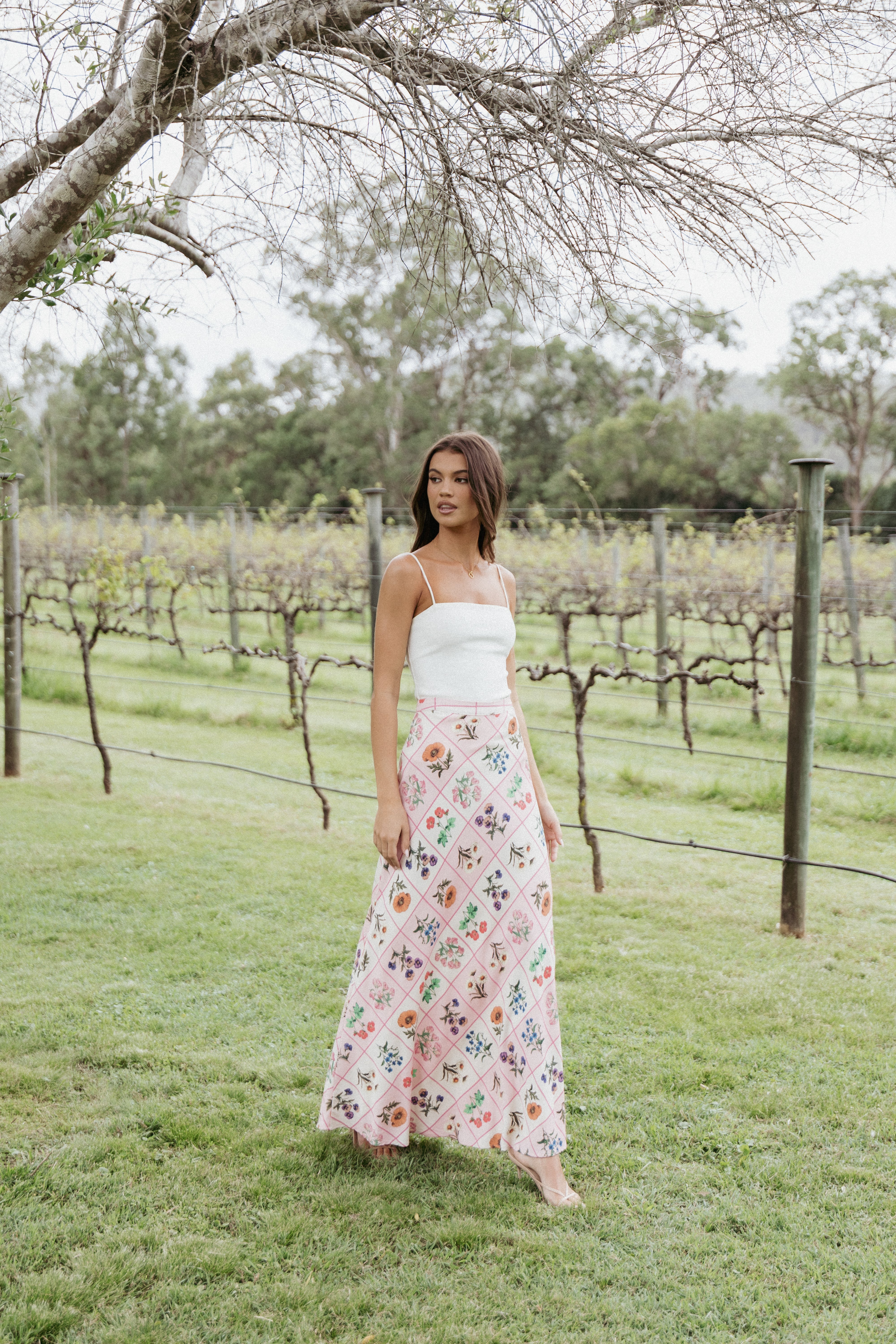 Brinley Flora Tile Maxi Skirt - Rayon Lined with Side Zip