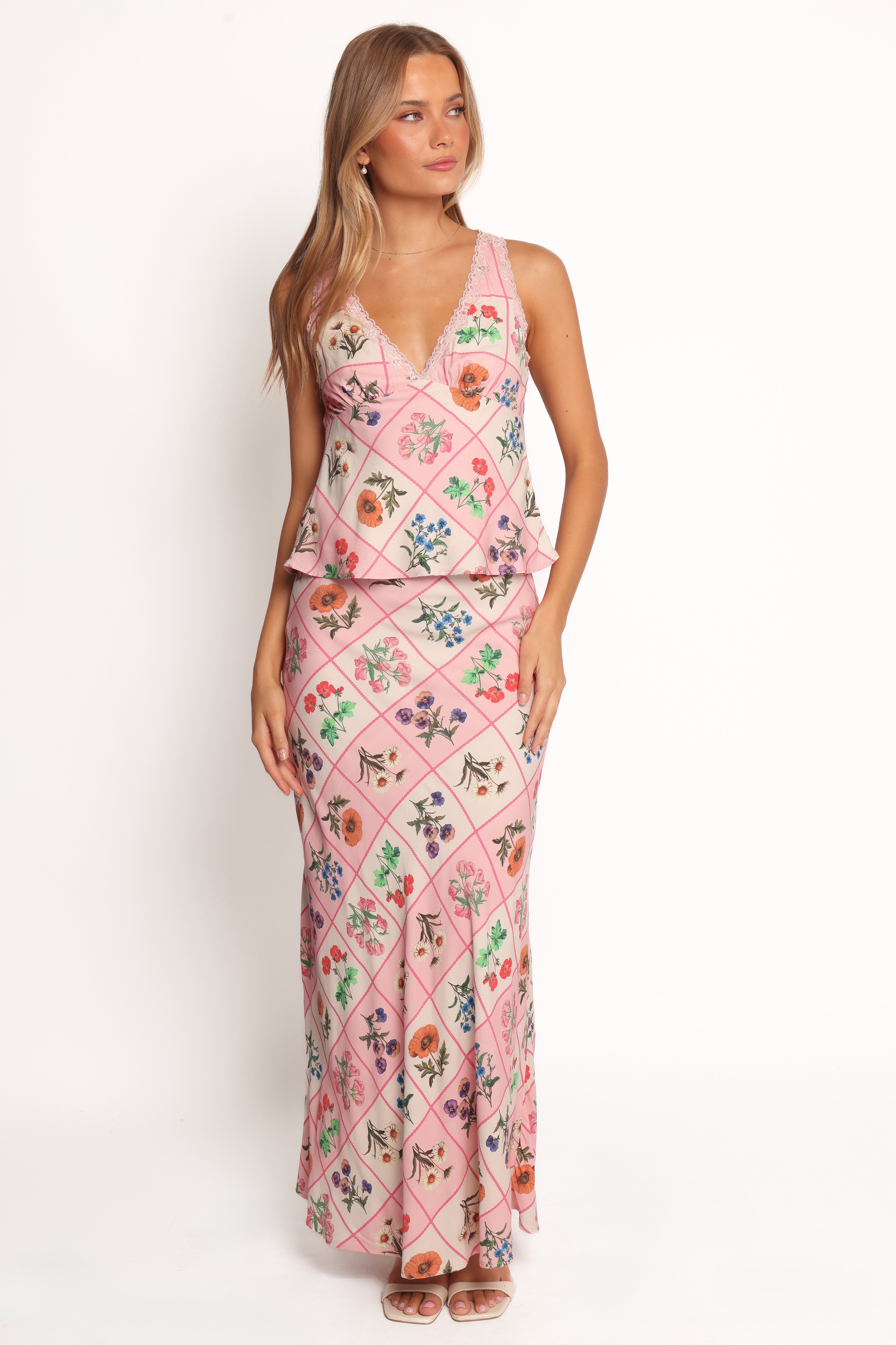 Brinley Flora Tile Maxi Skirt - Rayon Lined with Side Zip