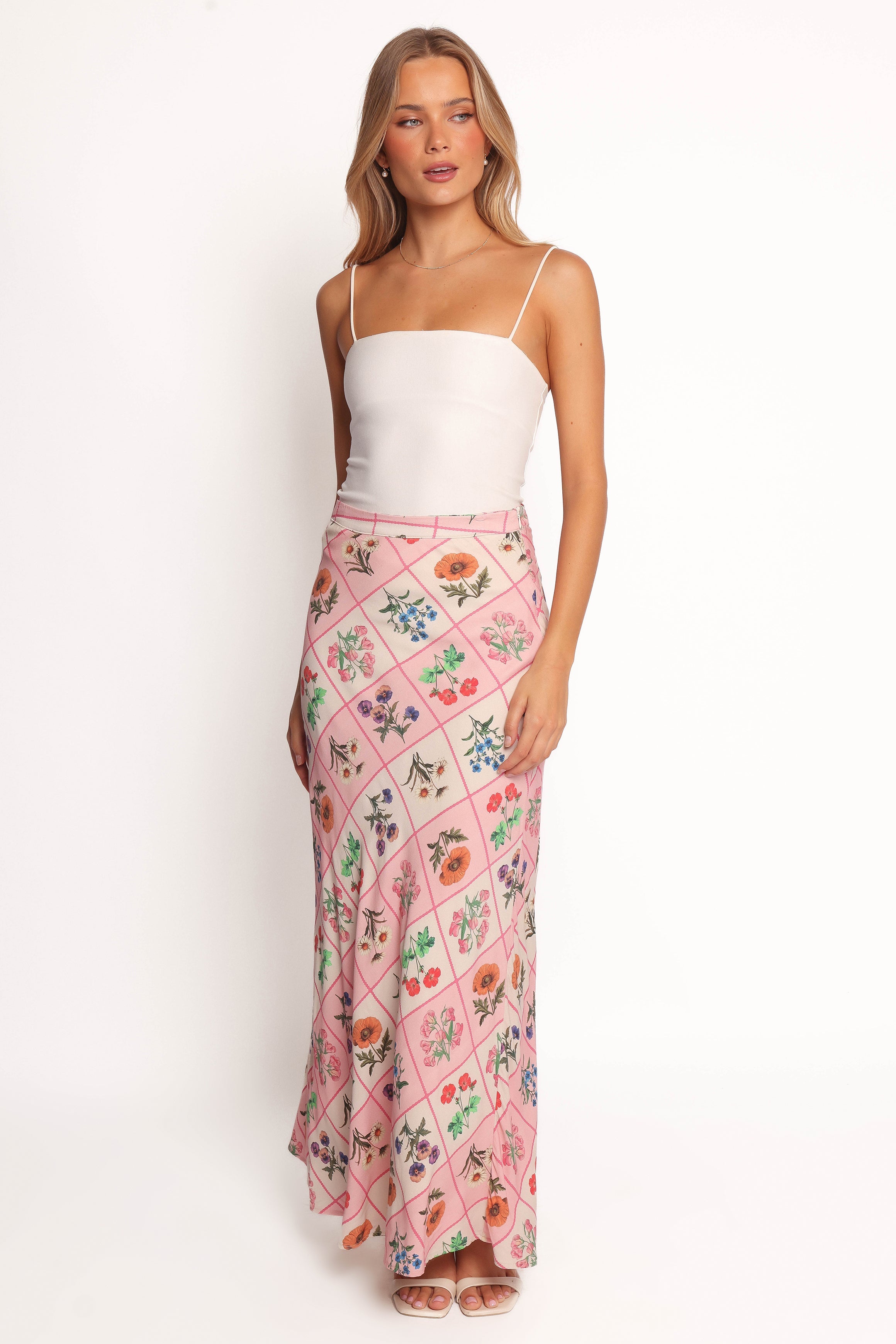 Brinley Flora Tile Maxi Skirt - Rayon Lined with Side Zip