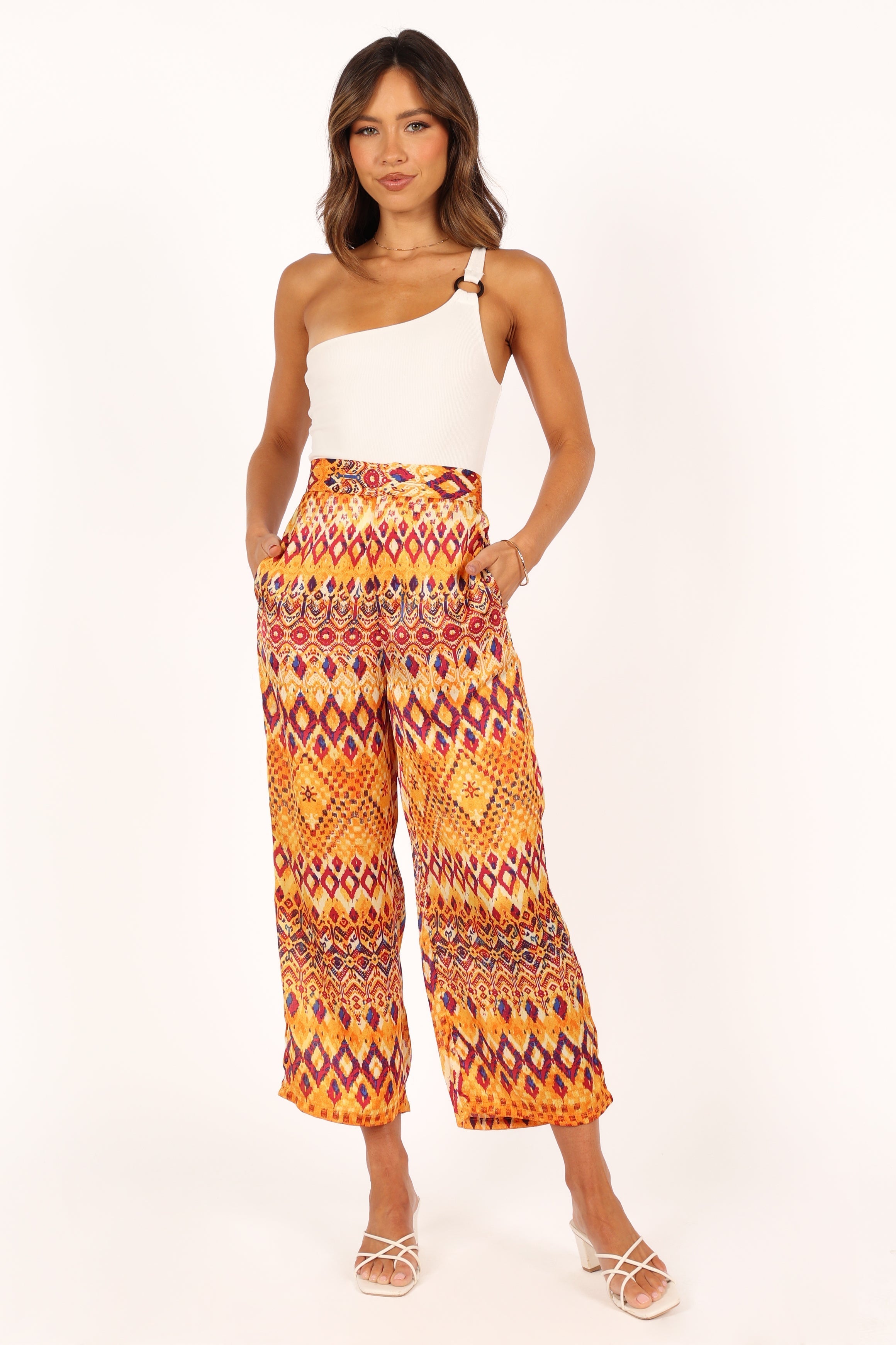 High Waisted Wide Leg Pants - Tan Polyester Zip Front