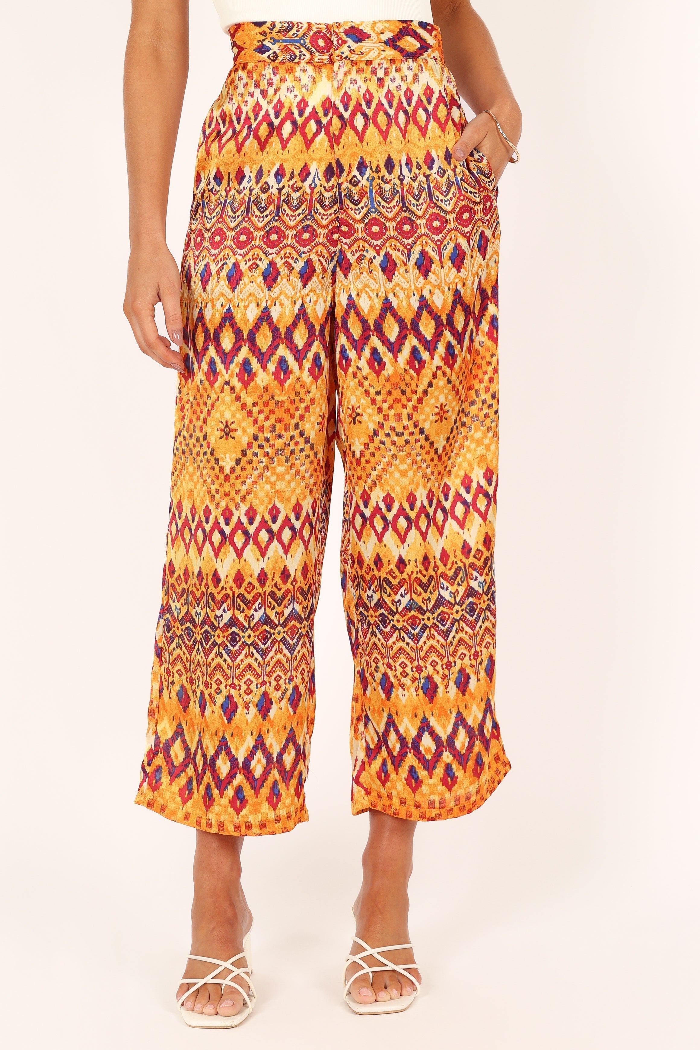 High Waisted Wide Leg Pants - Tan Polyester Zip Front